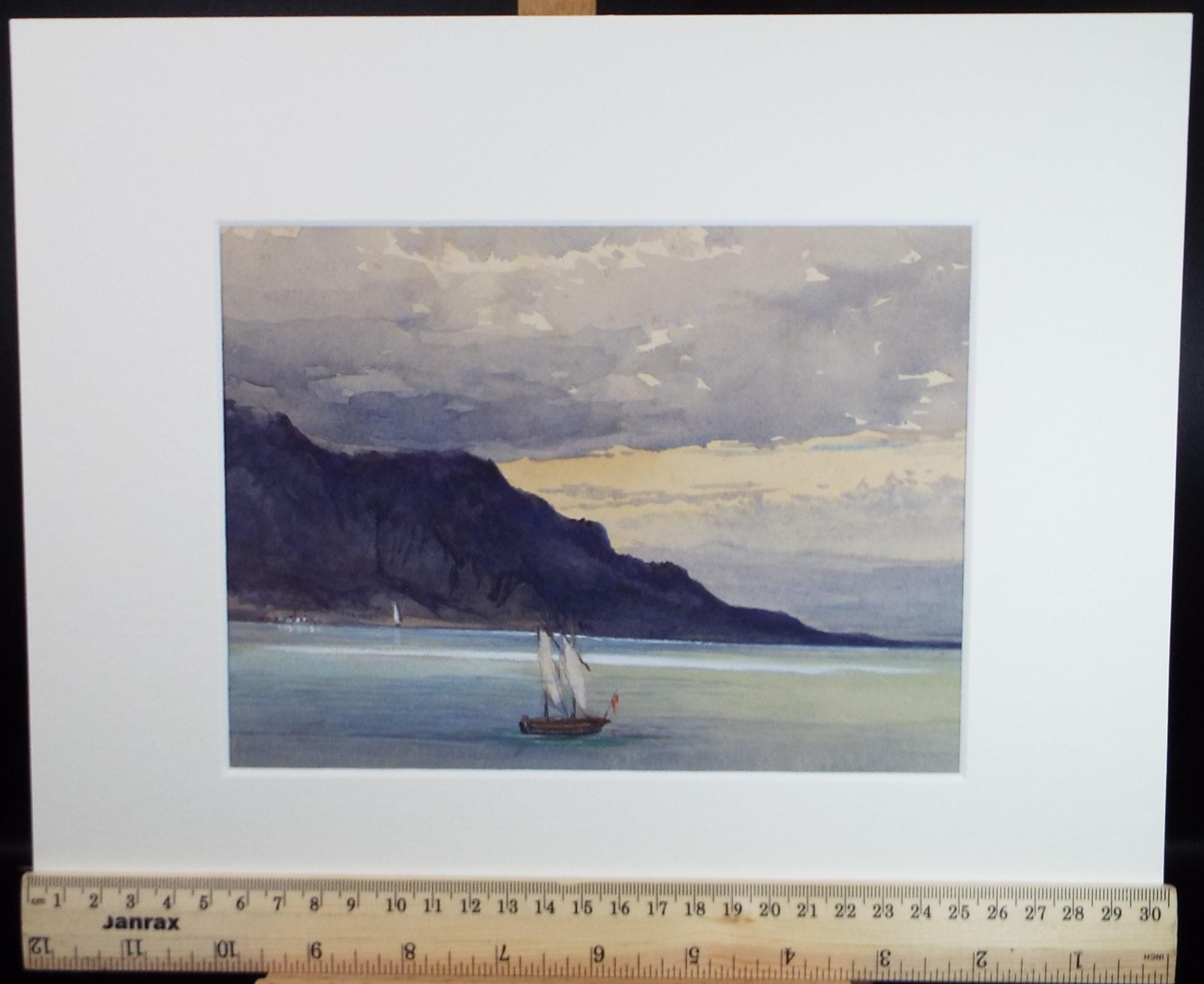 Original Watercolour, 'Seacliffs with sailboat', Late 19th Century