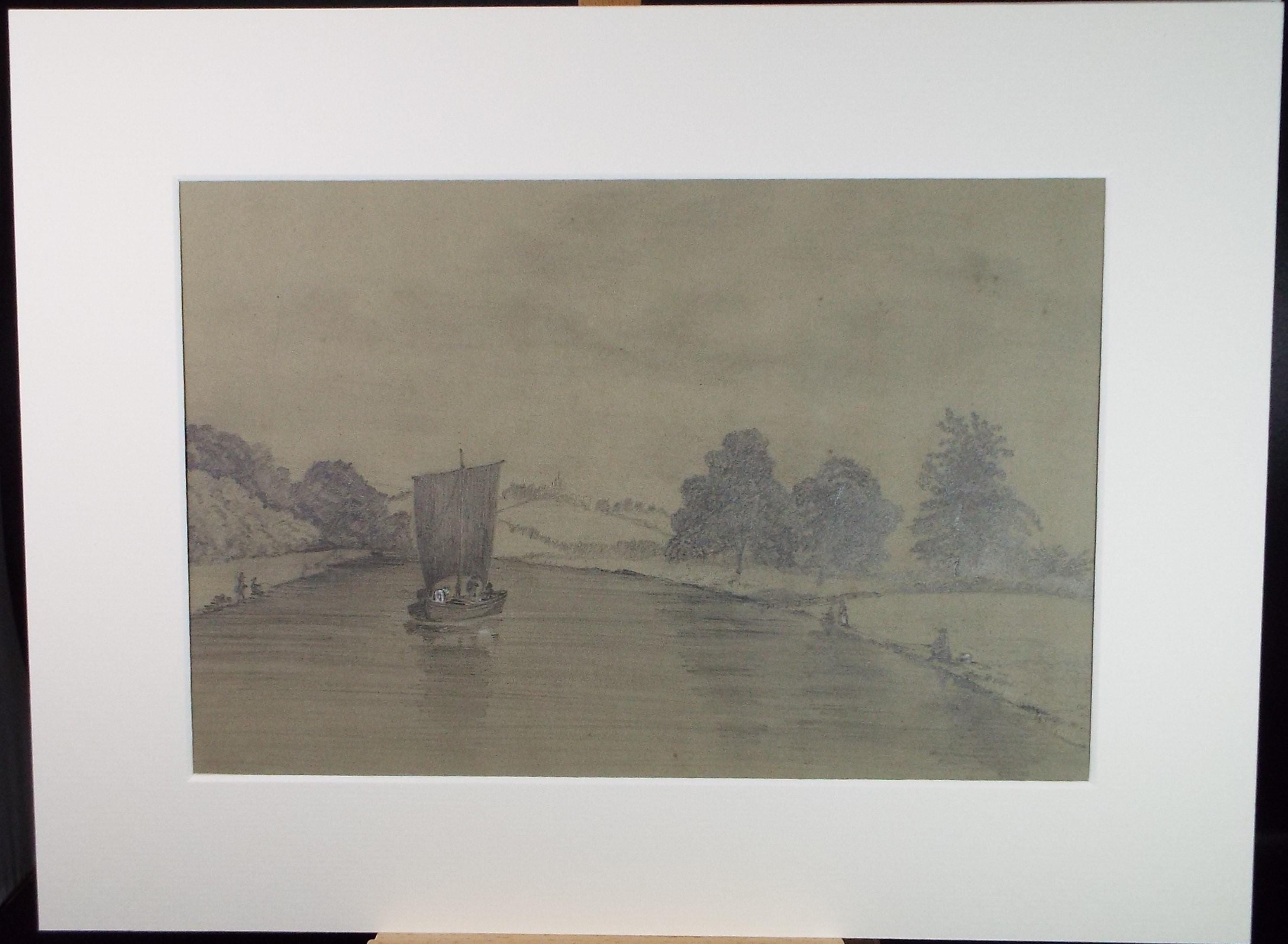 Pencil Drawing,'River View with Figures', dated 1856, Unknown Artist