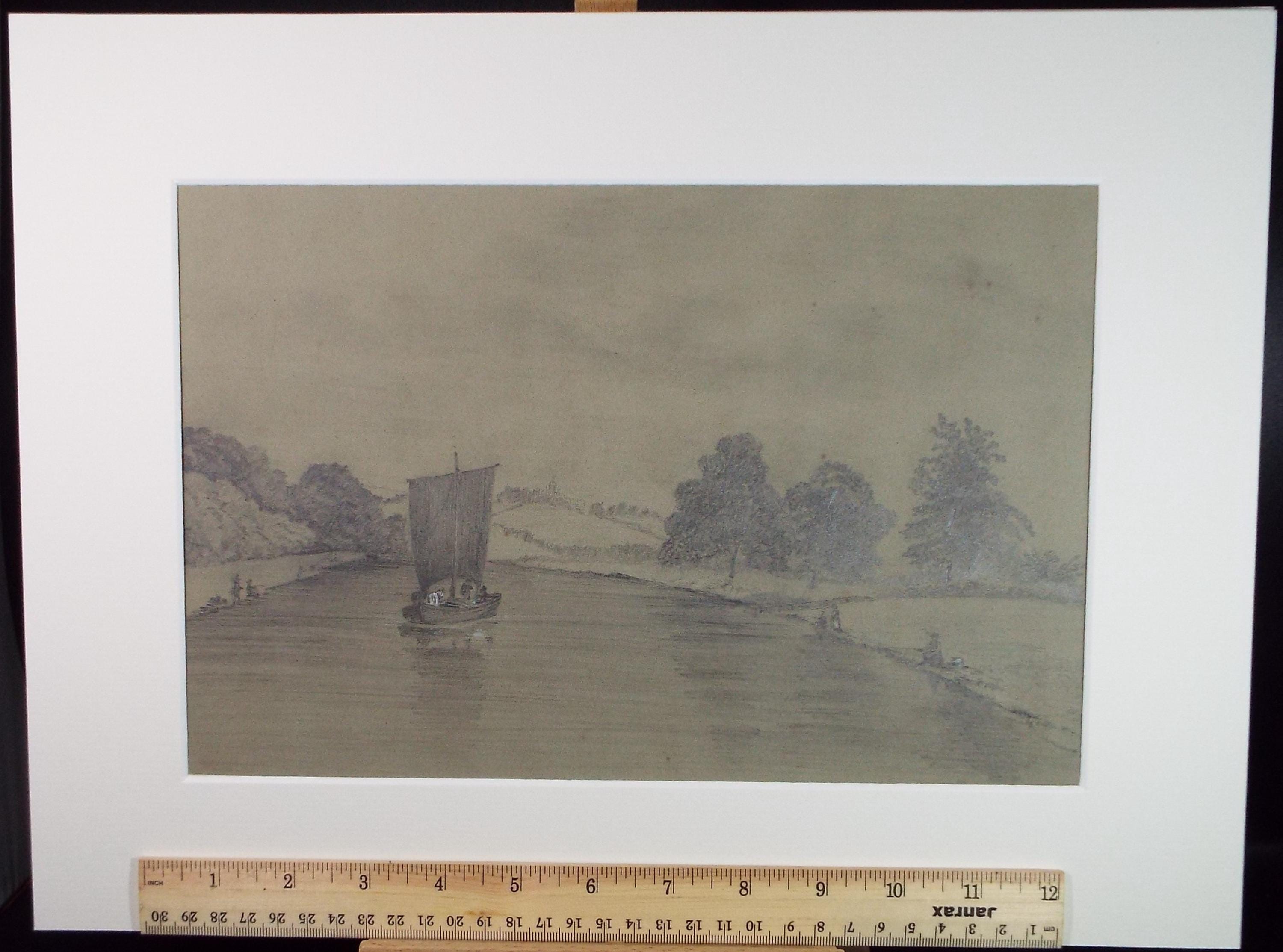 Pencil Drawing,'River View with Figures', dated 1856, Unknown Artist
