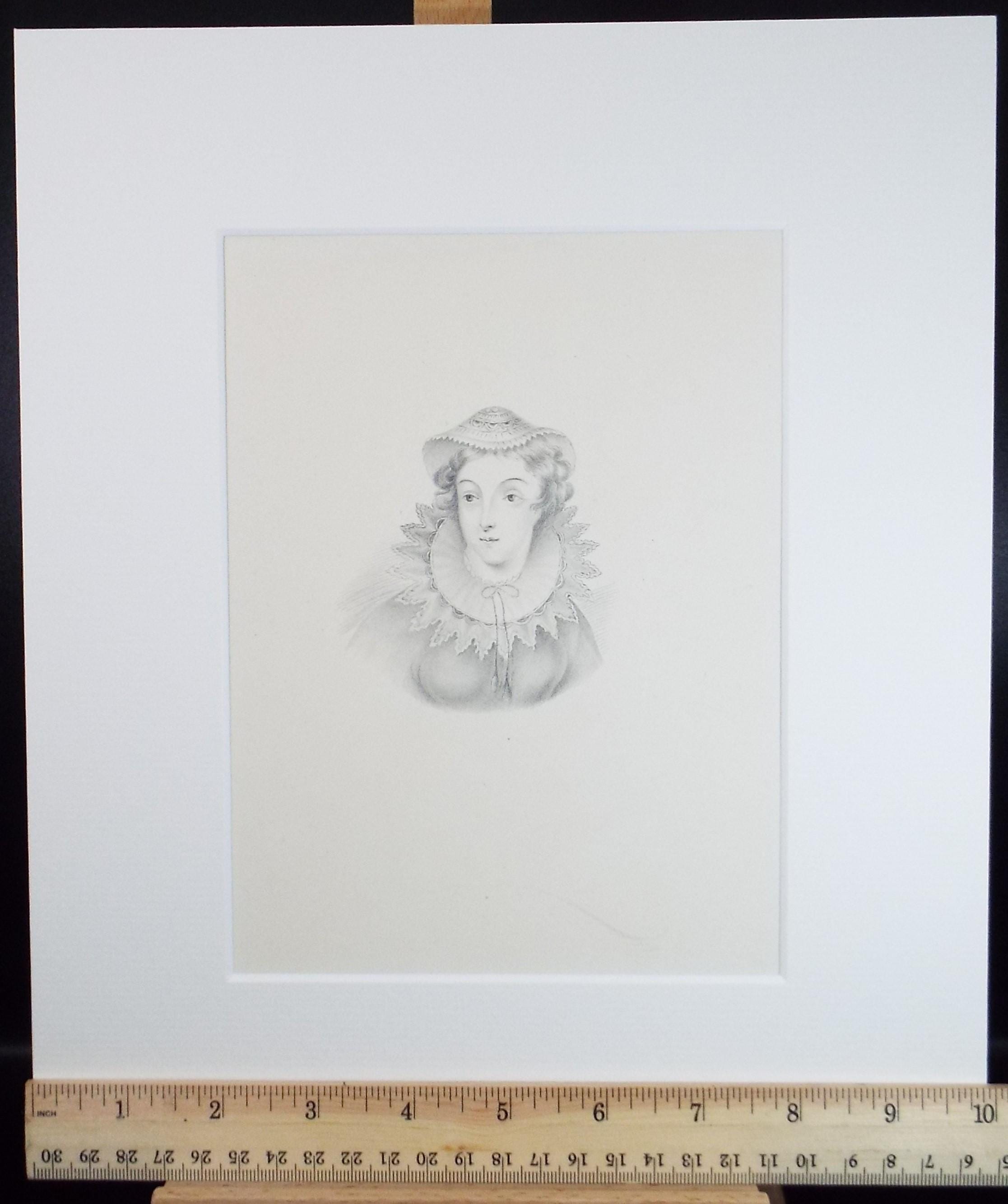 Original Pencil Drawing , 'Portrait of an Noblewoman', Mid 19th Century
