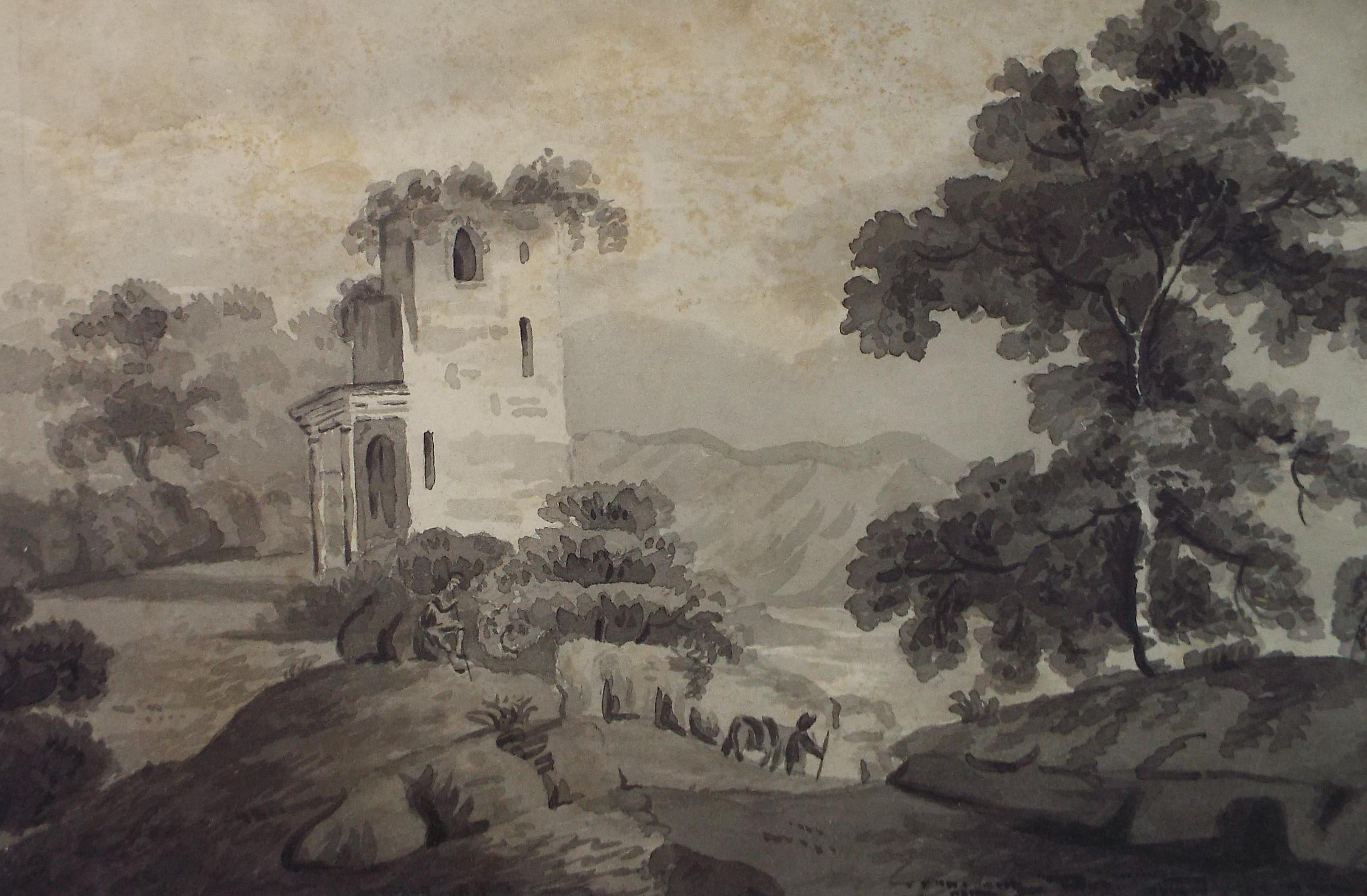 Original Watercolour, 'Landscape with Tower', Unknown Artist - Late 19th Century