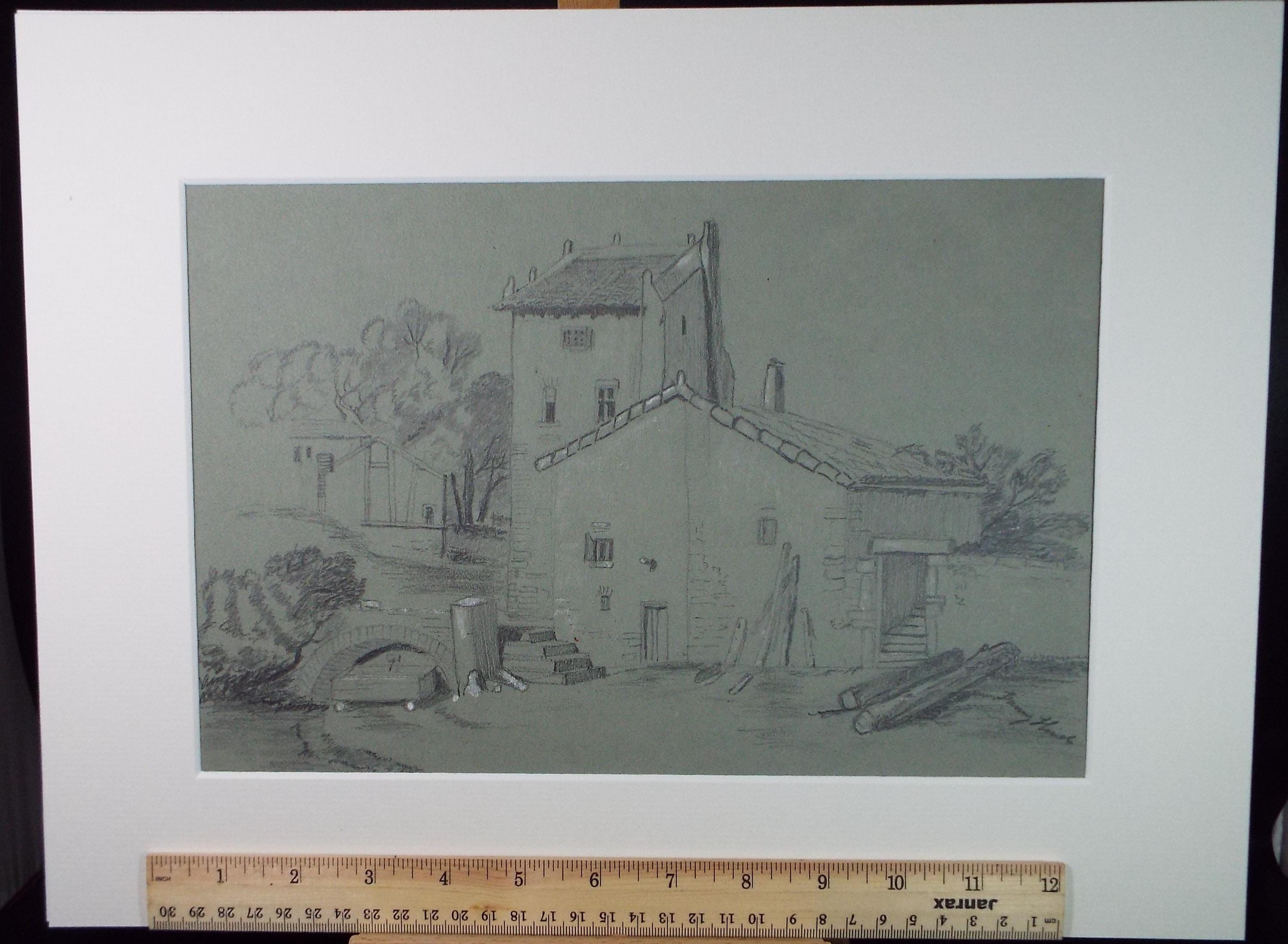 Pencil Drawing,'Farm Buildings', Mid 19th century, Unknown Artist