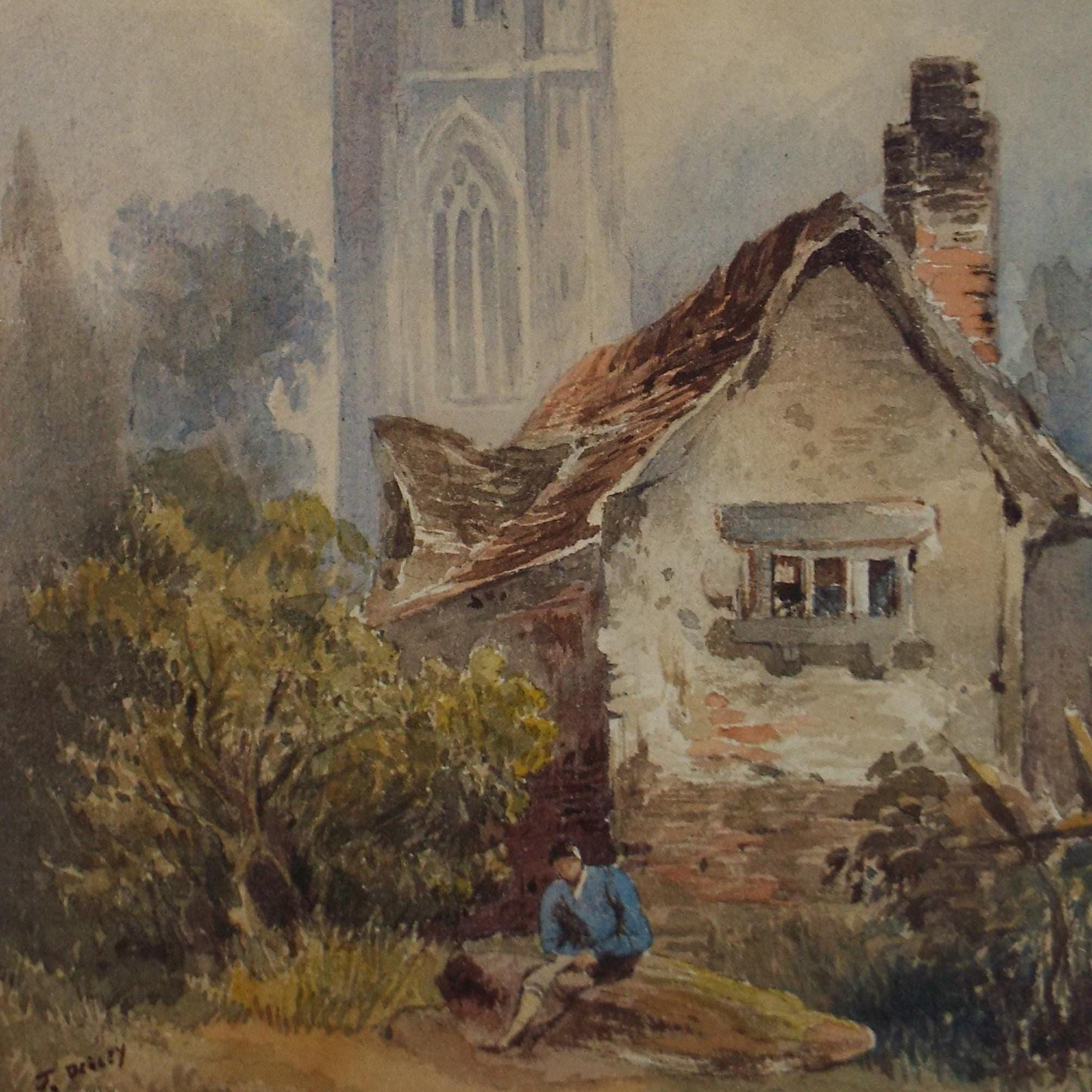 Original Watercolour, 'Cottage, Figure and Church Tower', Late 19th Century