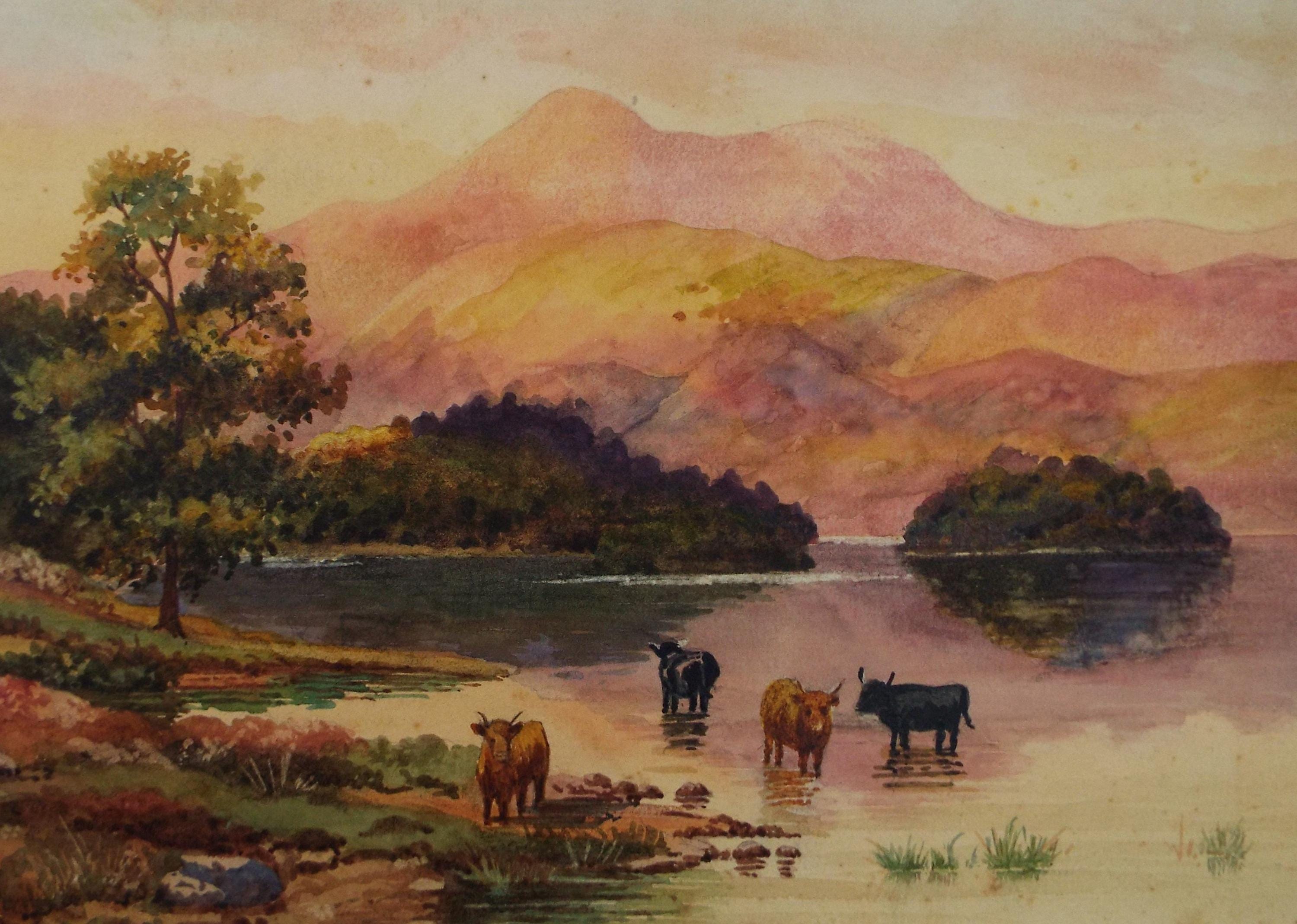 Original Watercolour, 'Cattle Watering' Late 19th Century, Artist Unknown