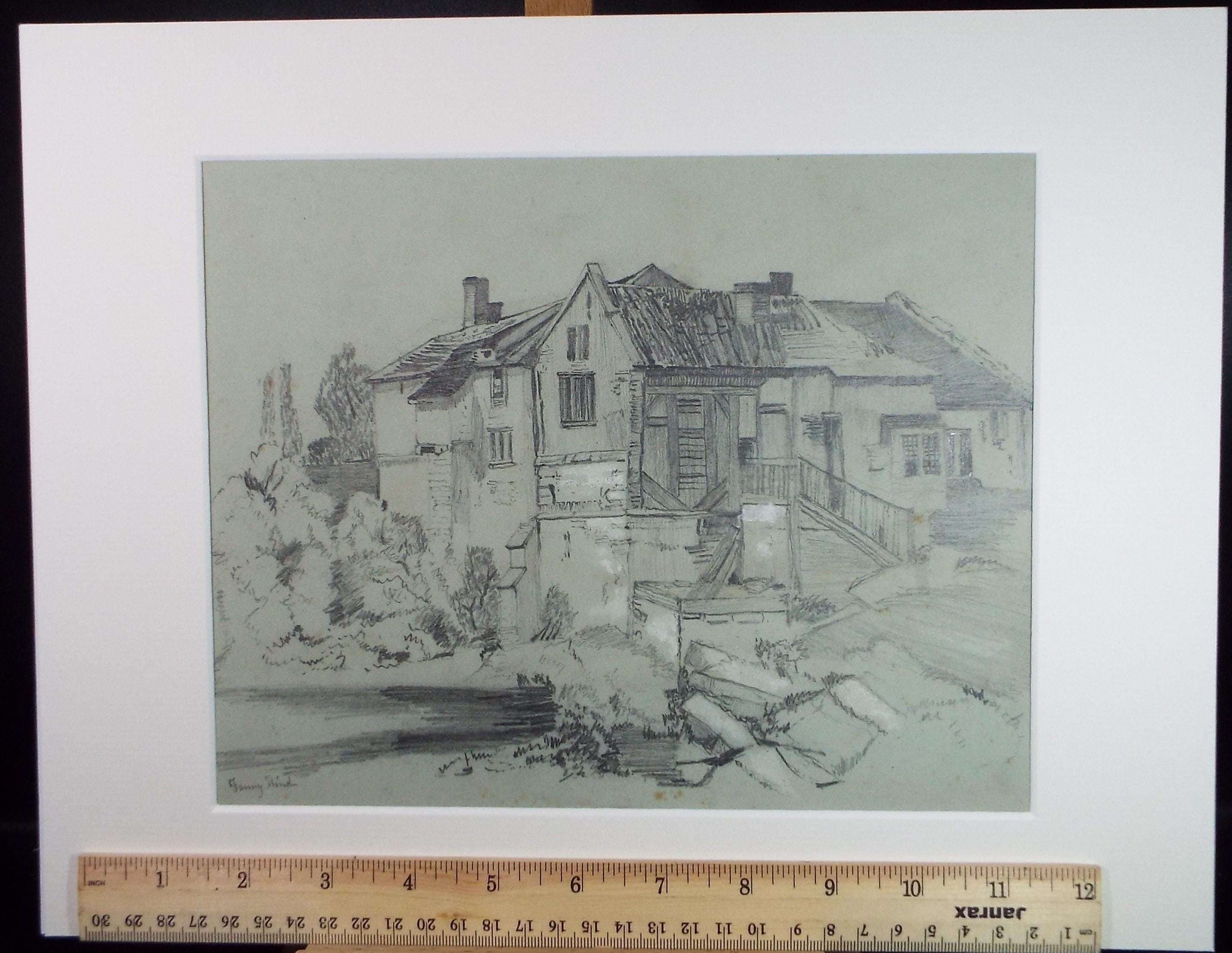 Original Pencil Drawing, 'The Watermill', Late 19th Century, Fanny Hind