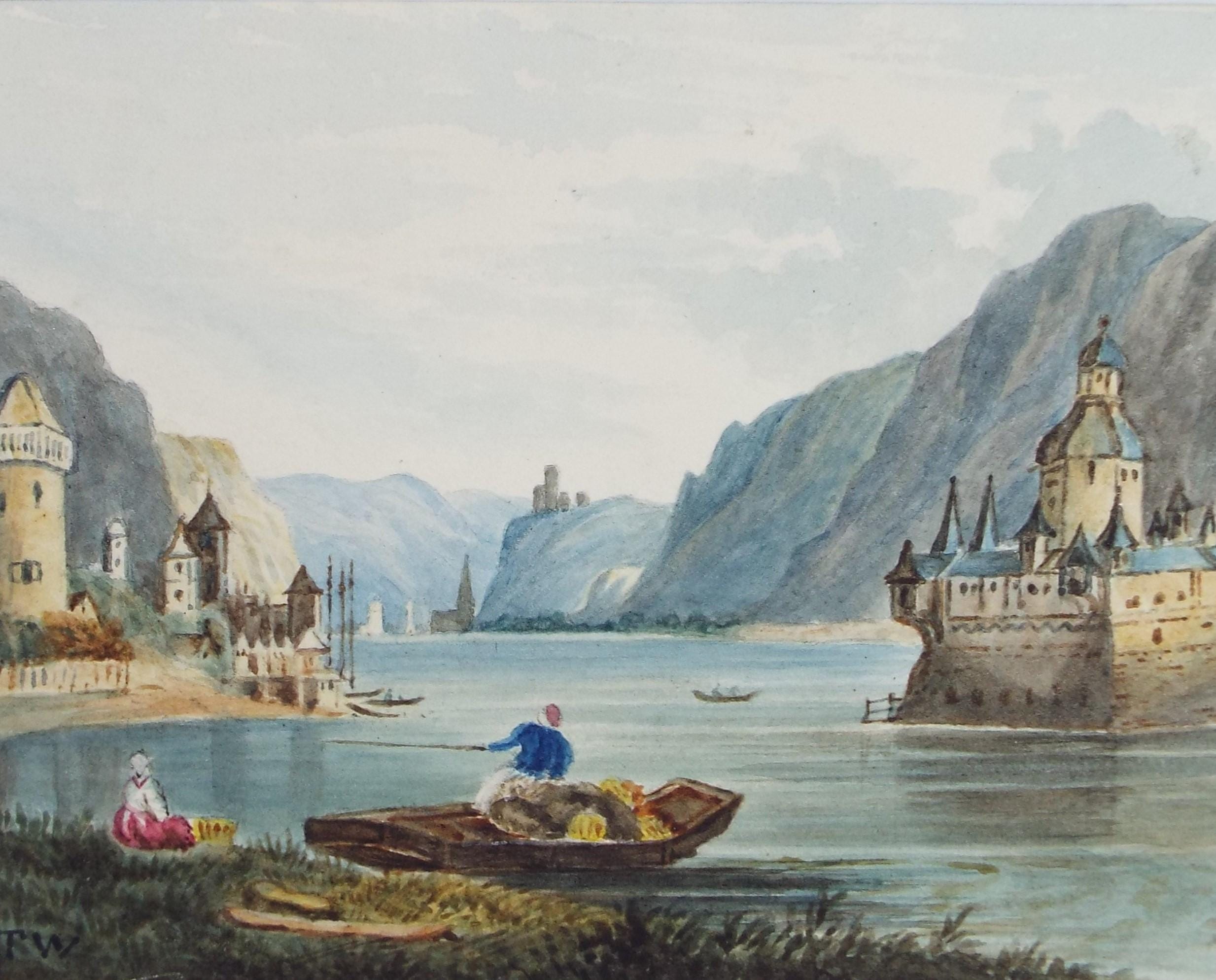 Original Watercolour, 'Lake with Castles and figures', mid 19th Century