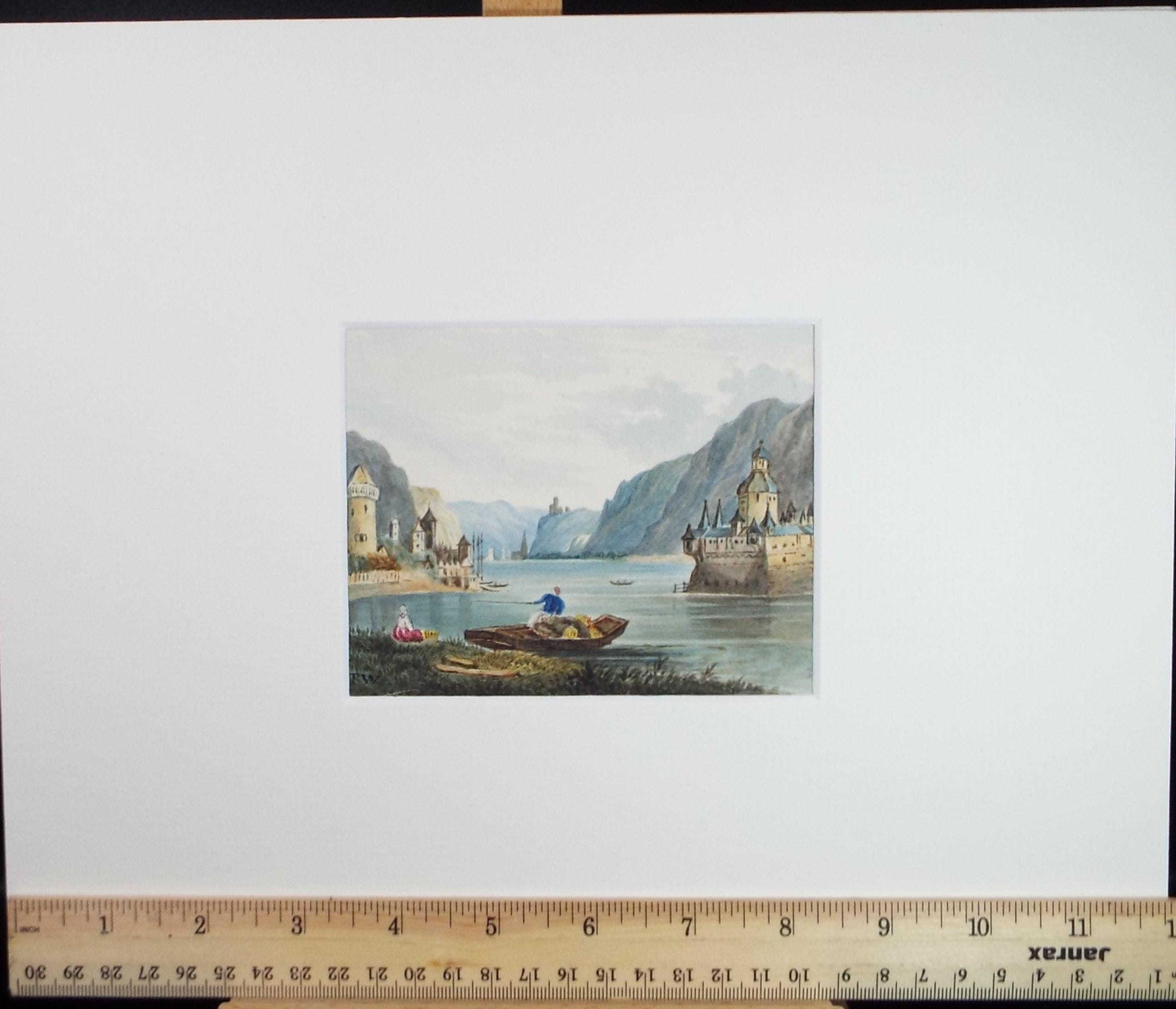 Original Watercolour, 'Lake with Castles and figures', mid 19th Century