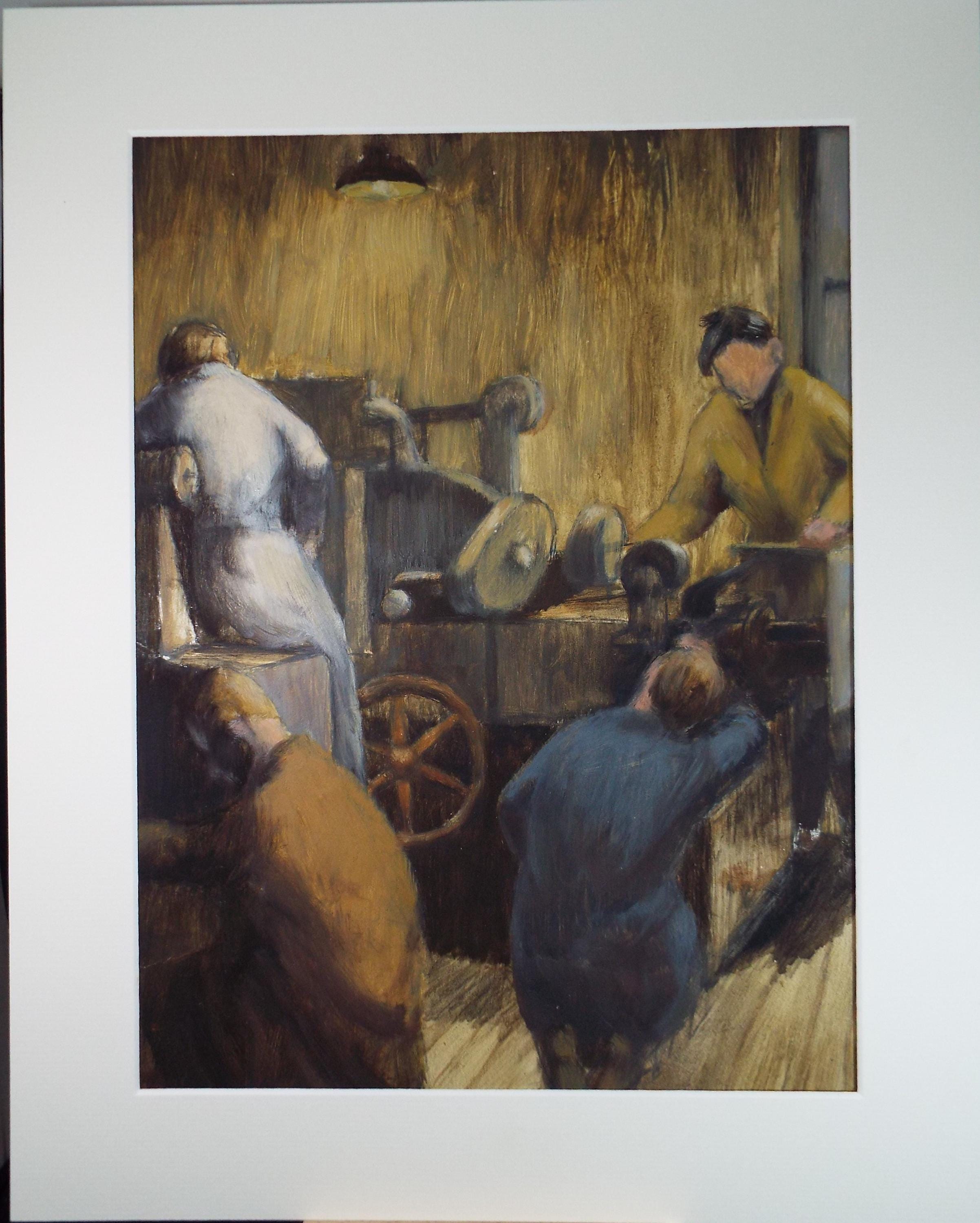 Original Watercolour & Gouache, 'Figures in the Machine Shop', Celia Fairfax