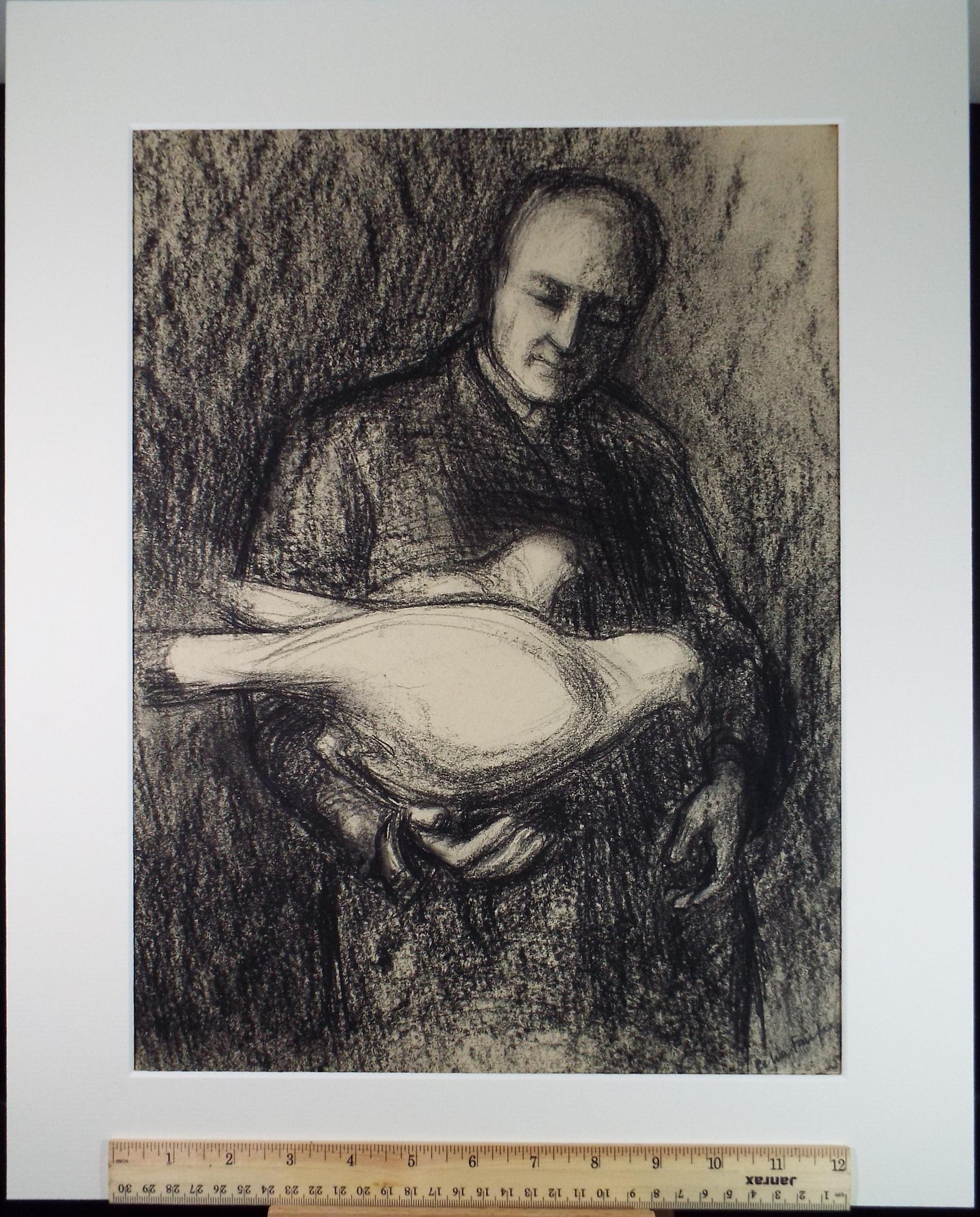 Original Pastel Drawing, 'Figure with Doves', Celia Fairfax, Circa 1950's