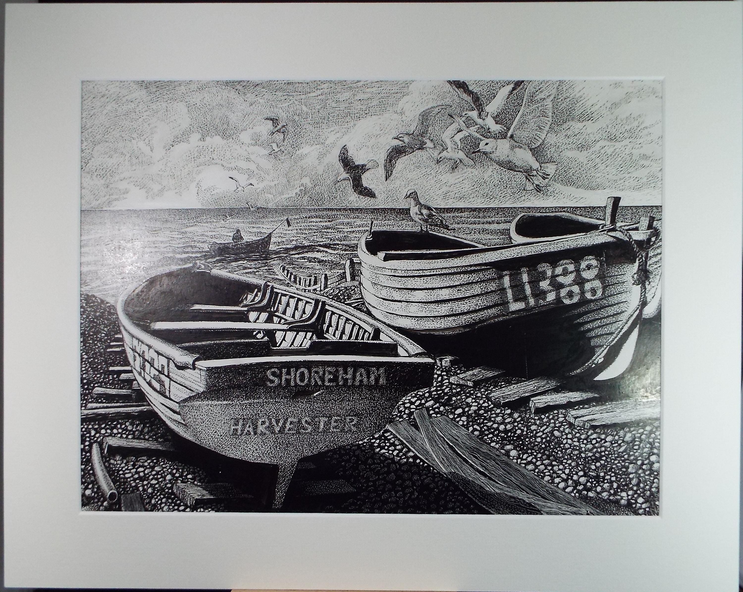 Original Scraperboard & ink drawing, 'Shoreham', Lorraine Abraham (1941-2023)