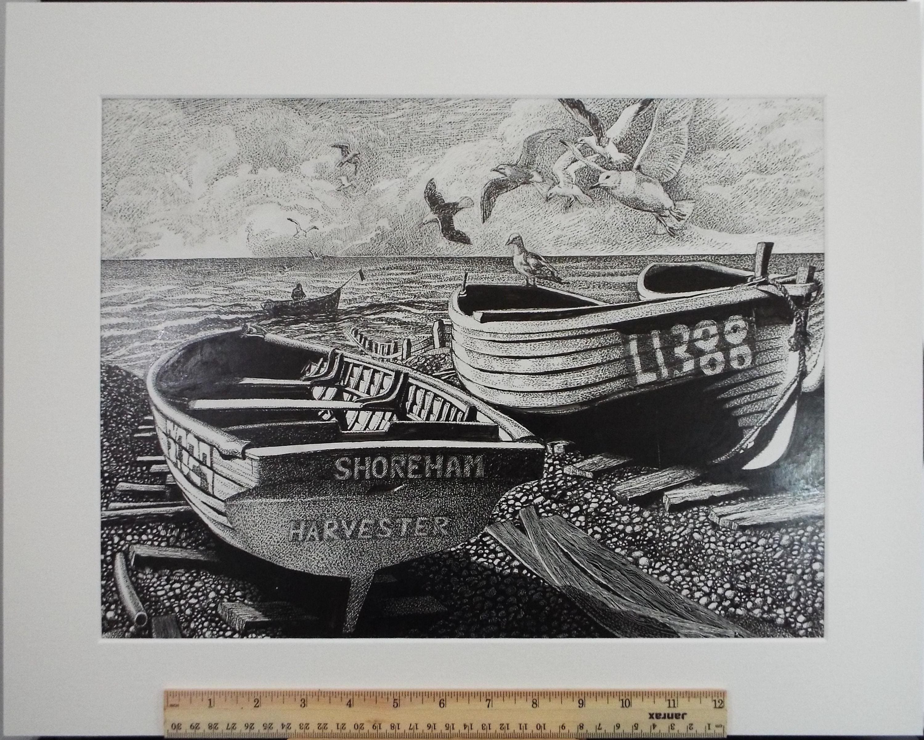 Original Scraperboard & ink drawing, 'Shoreham', Lorraine Abraham (1941-2023)