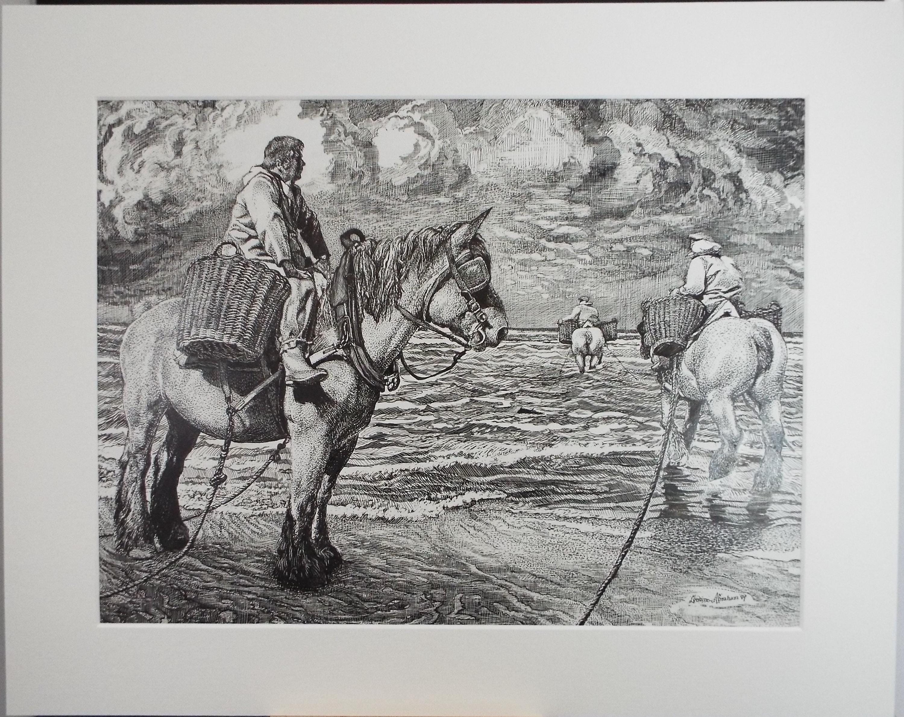 Original Scraperboard & Ink drawing, 'Cockle Pickers', Lorraine Abraham RSMA (1941-2023), Circa 1990's