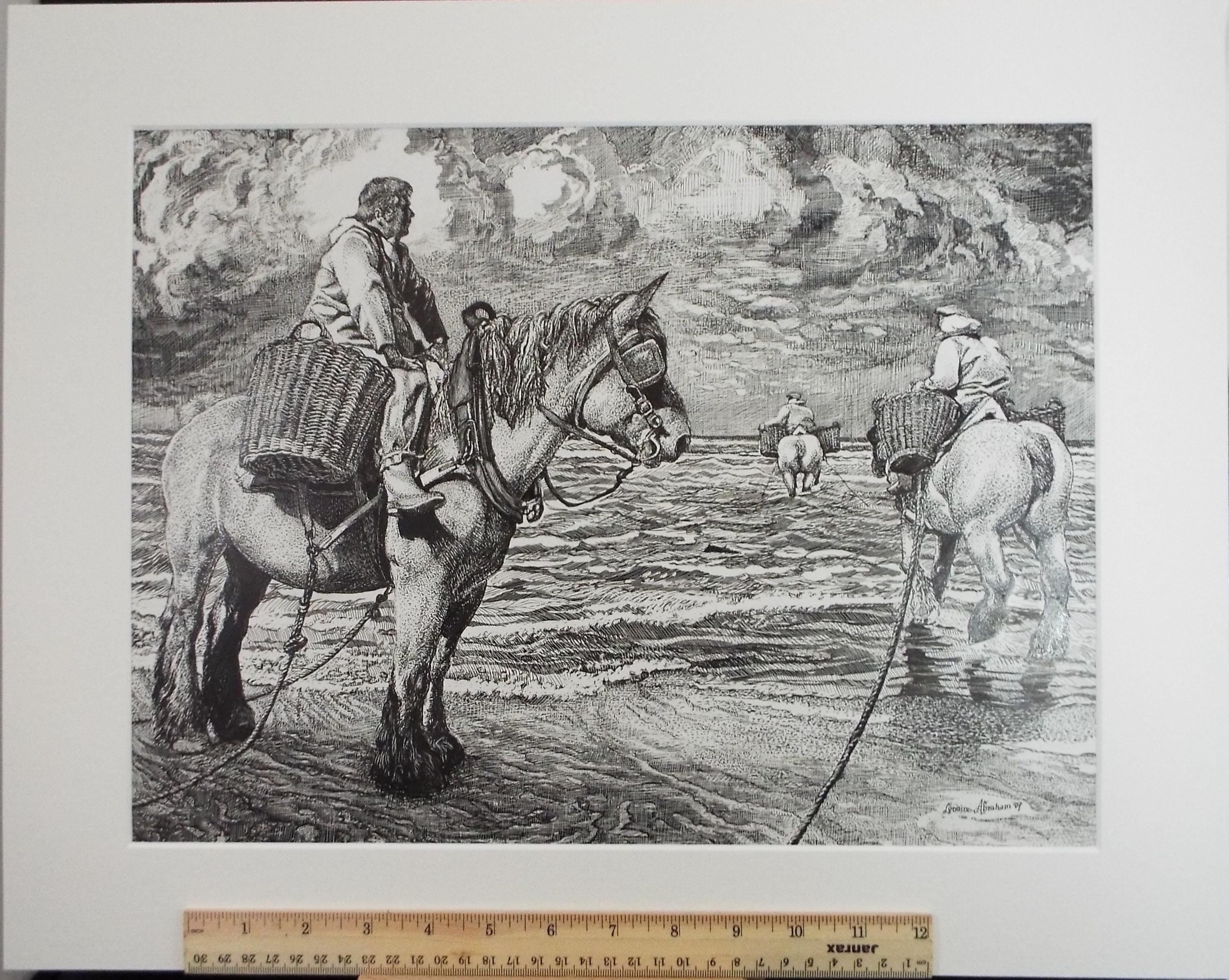 Original Scraperboard & Ink drawing, 'Cockle Pickers', Lorraine Abraham RSMA (1941-2023), Circa 1990's