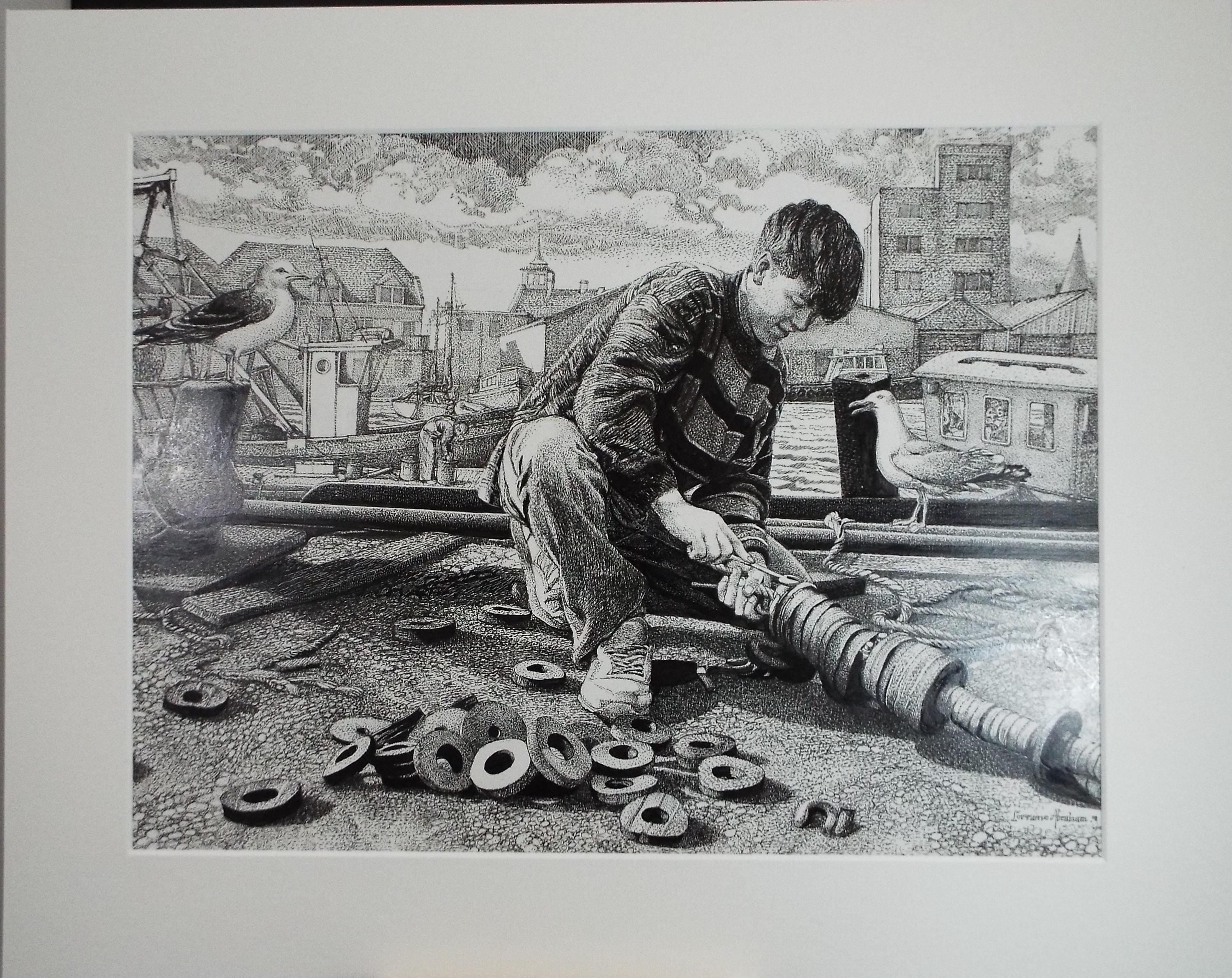 Original Scraperboard & ink, 'Fixing the Gear', Lorraine Abraham (1941-2023)