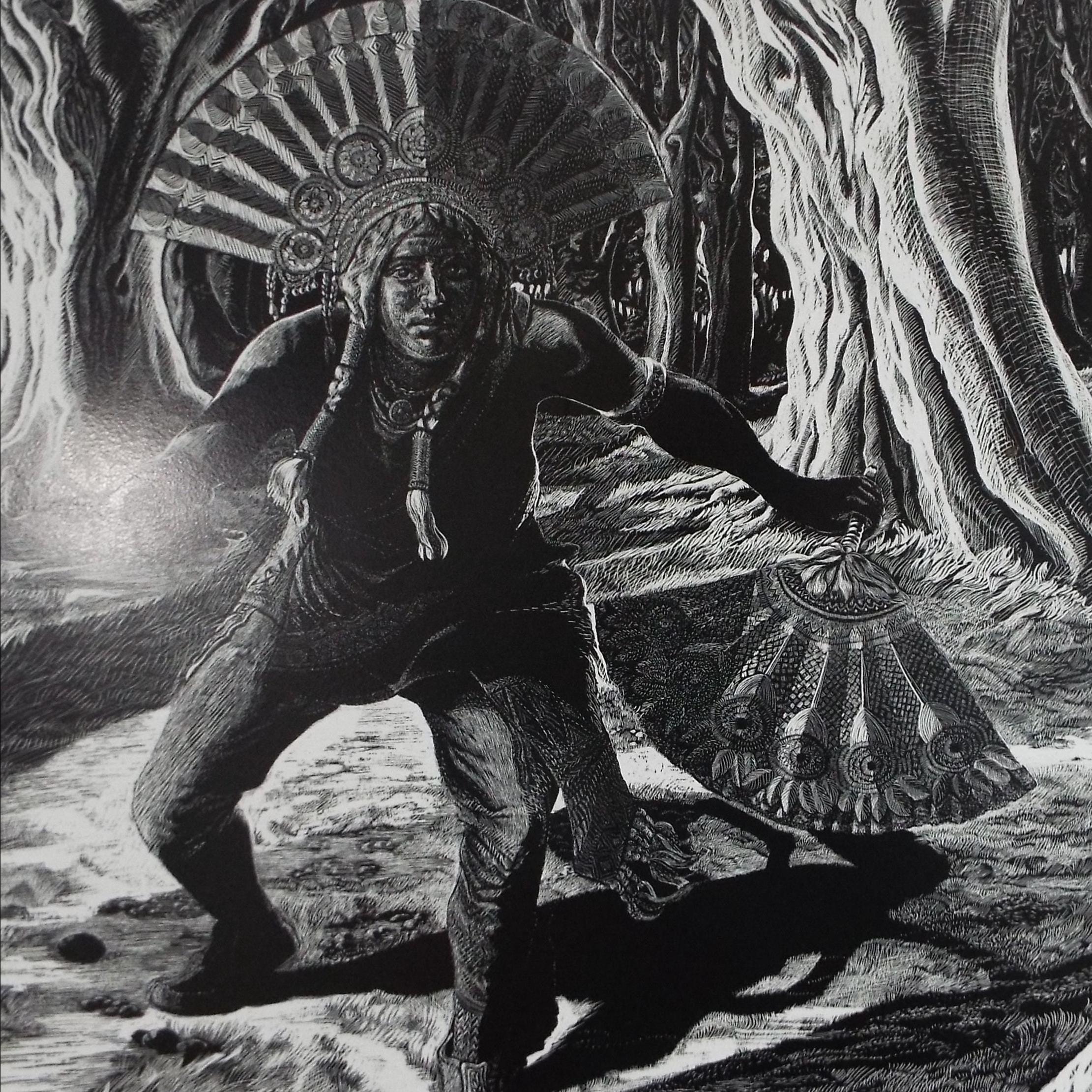 Original Scraperboard , 'Indigenous Tribesman', Lorraine Abraham, (1941-2023)