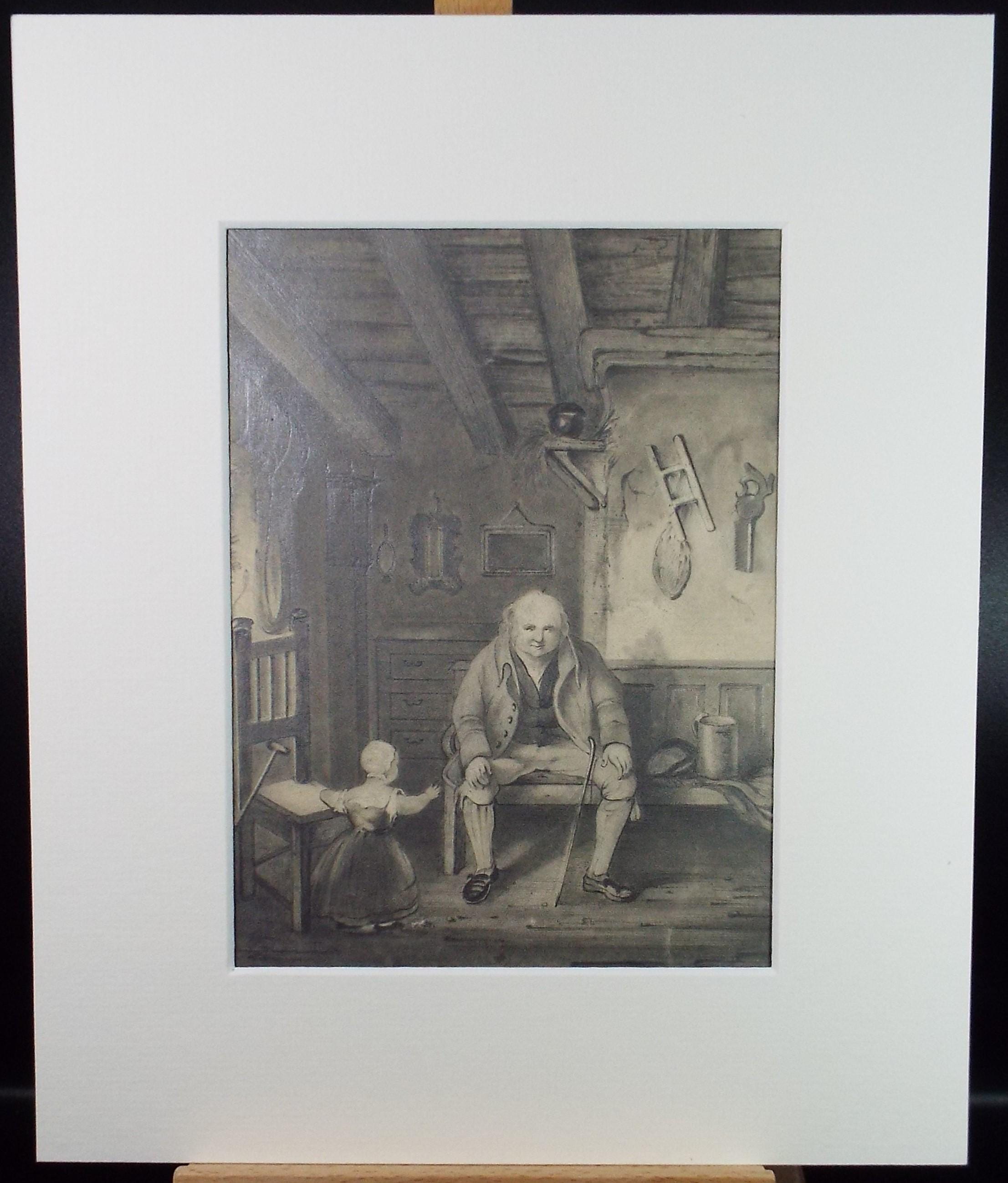 Pencil drawing,'Interior with seated figure & Child', late 19th Century