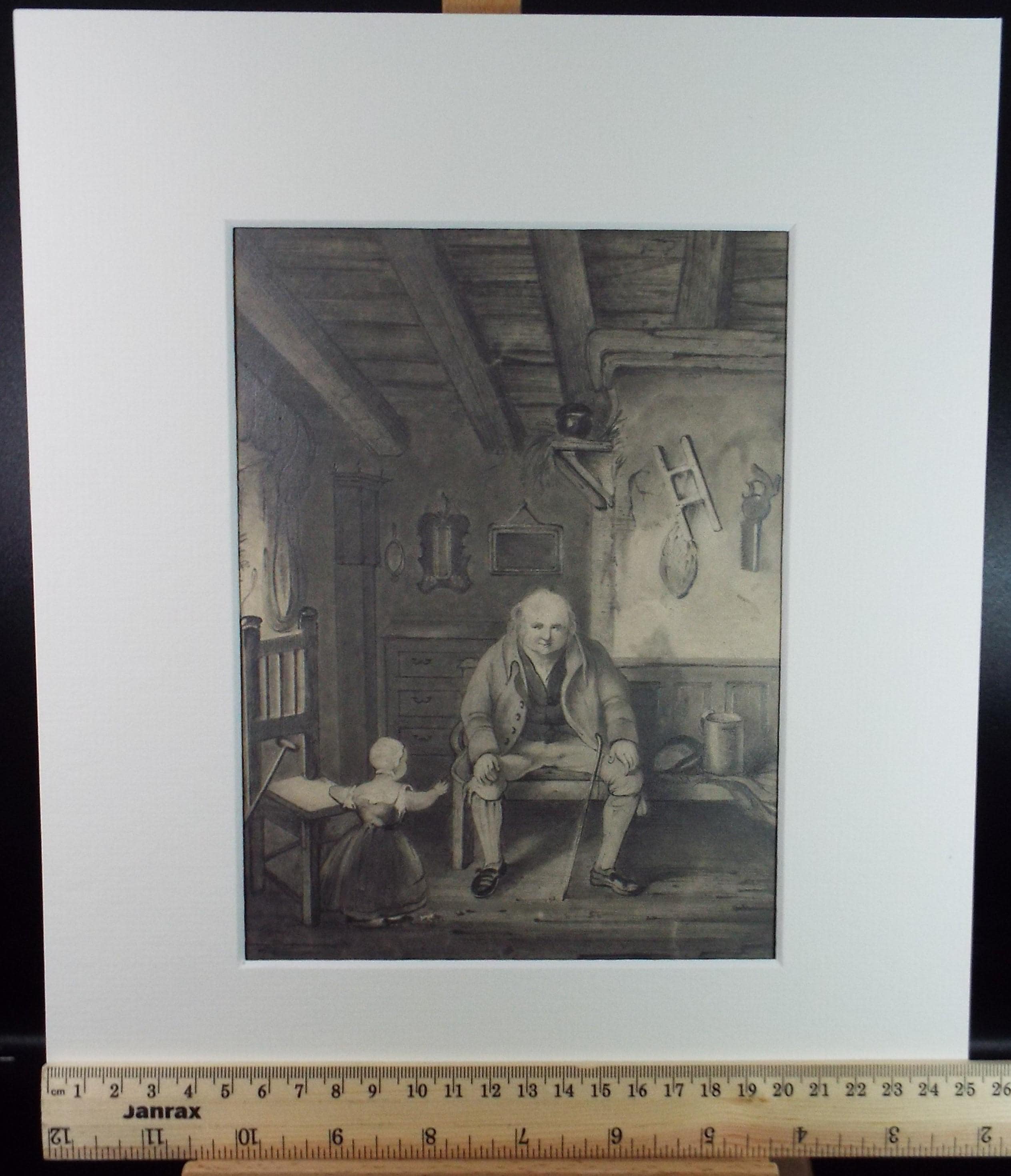 Pencil drawing,'Interior with seated figure & Child', late 19th Century