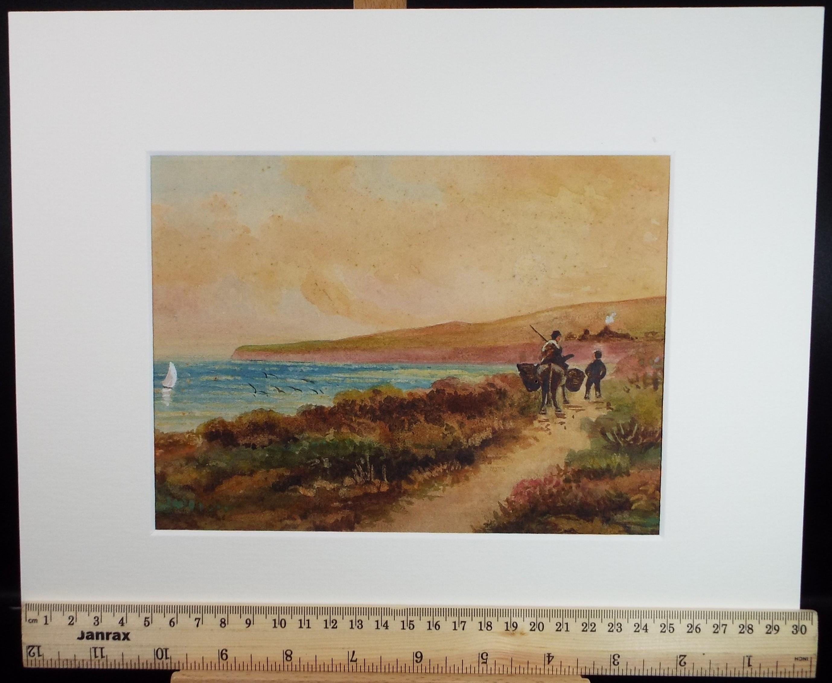 Original Watercolour, 'Packhorse on a Coastal Path', 1920's , unknown artist