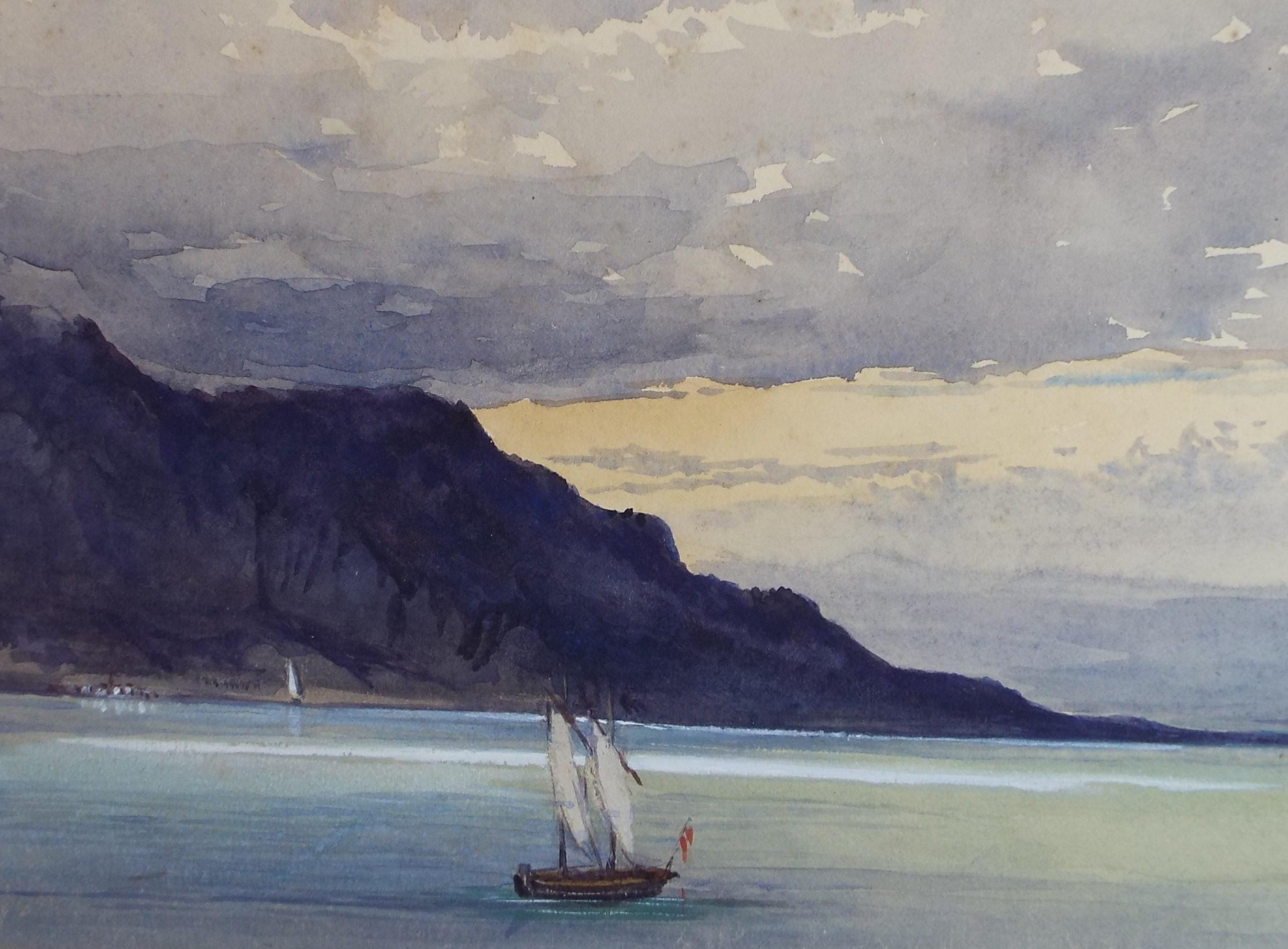 Original Watercolour, 'Seacliffs with sailboat', Late 19th Century