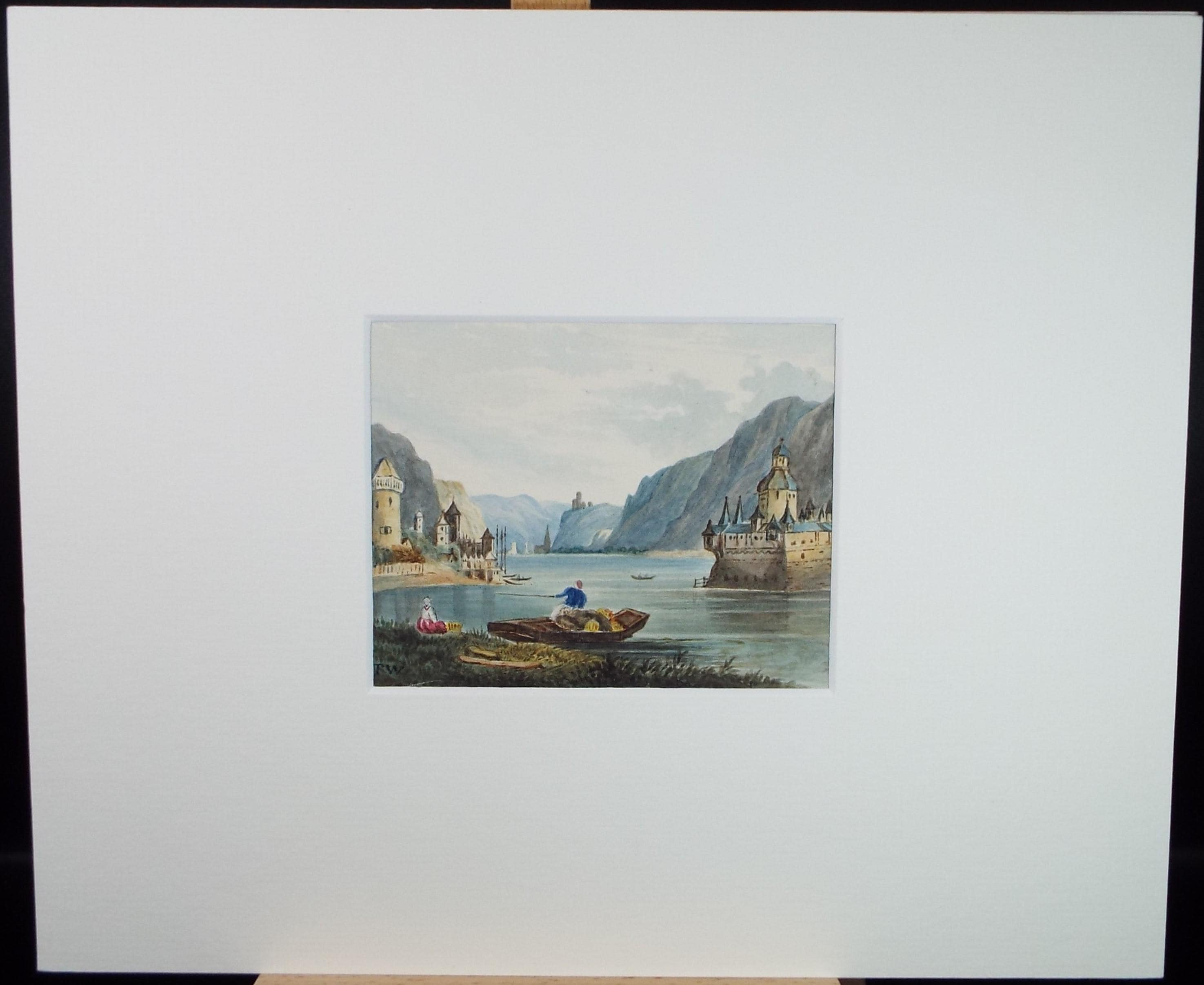Original Watercolour, 'Lake with Castles and figures', mid 19th Century