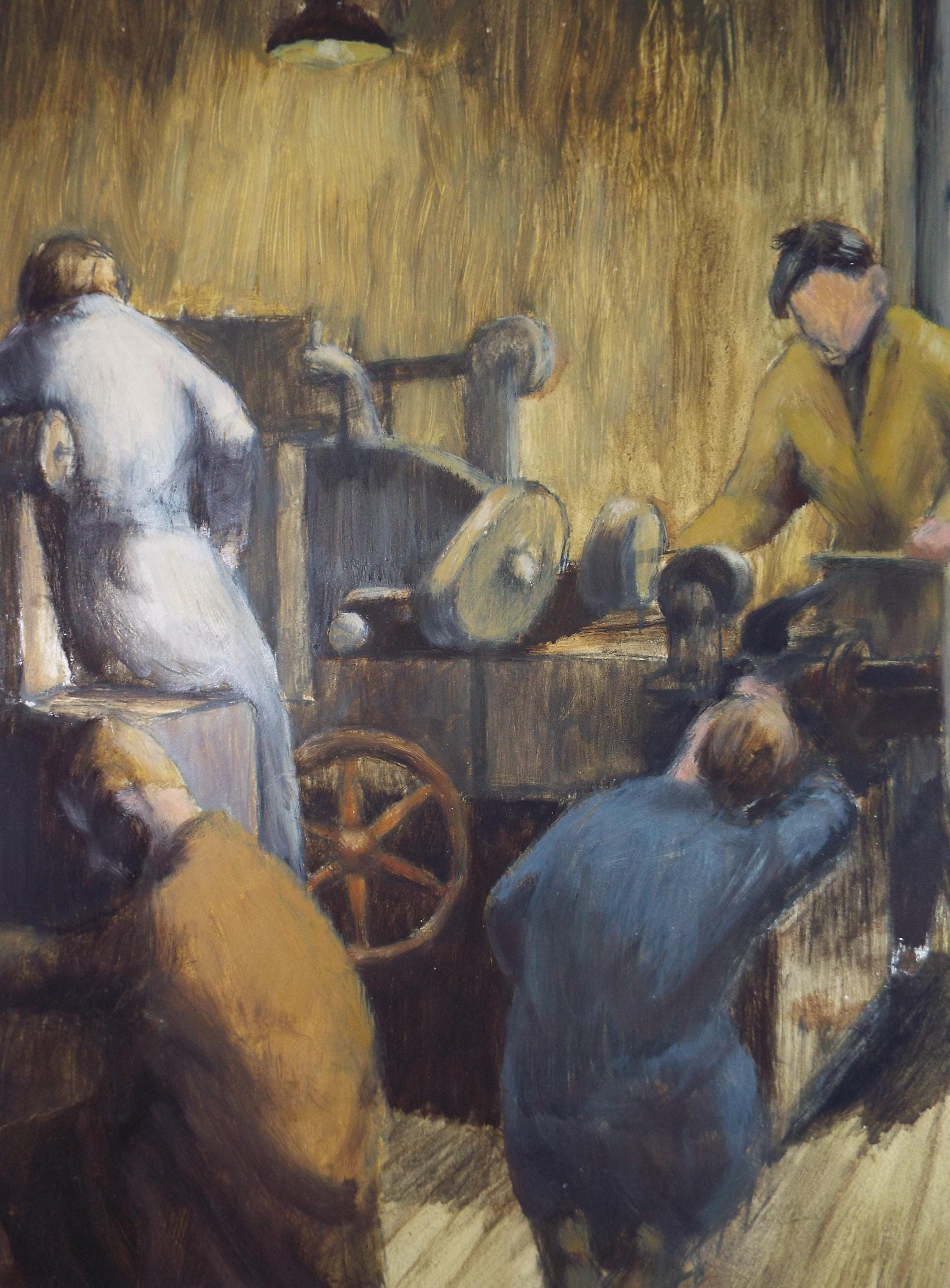 Original Watercolour & Gouache, 'Figures in the Machine Shop', Celia Fairfax
