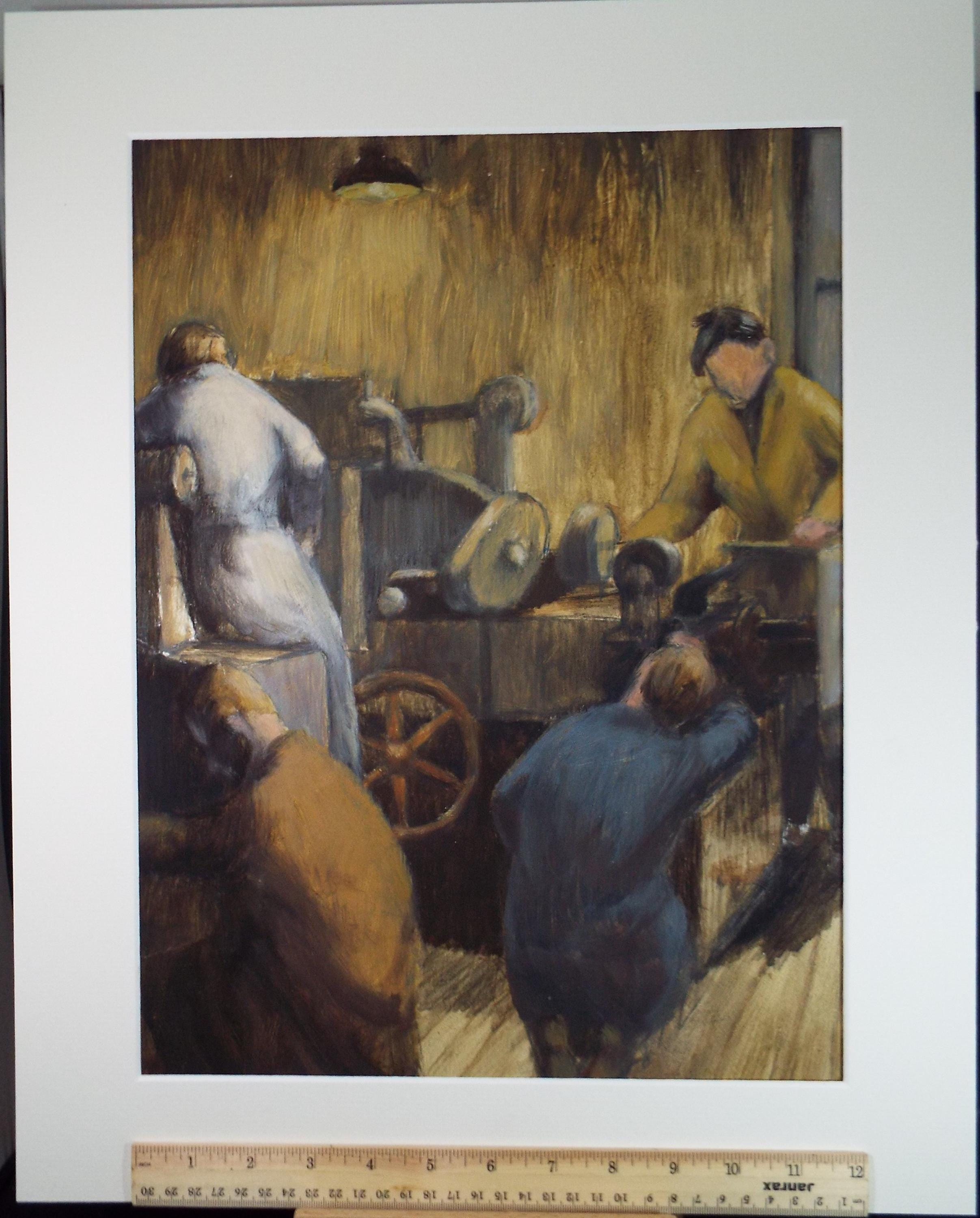 Original Watercolour & Gouache, 'Figures in the Machine Shop', Celia Fairfax