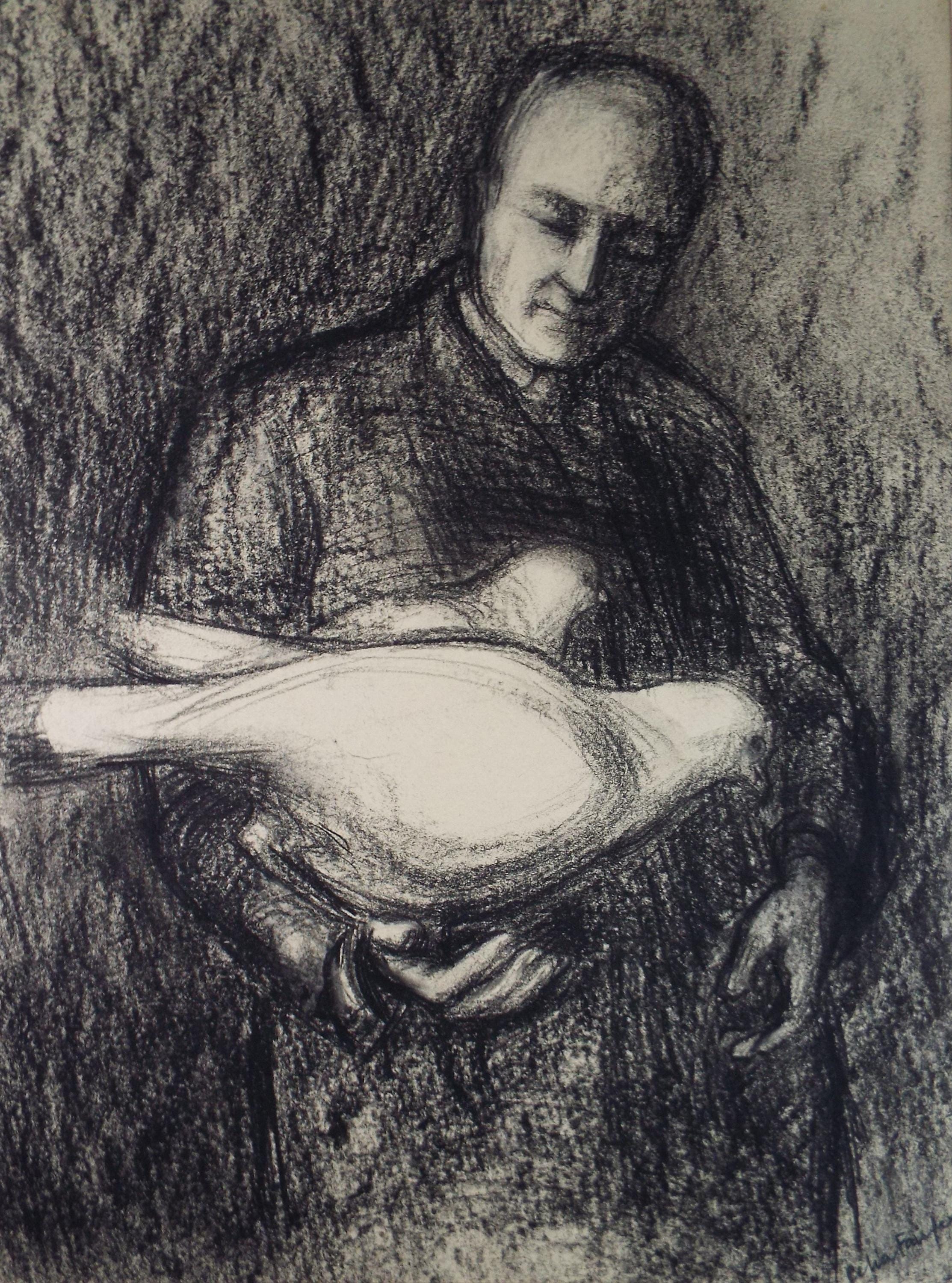 Original Pastel Drawing, 'Figure with Doves', Celia Fairfax, Circa 1950's