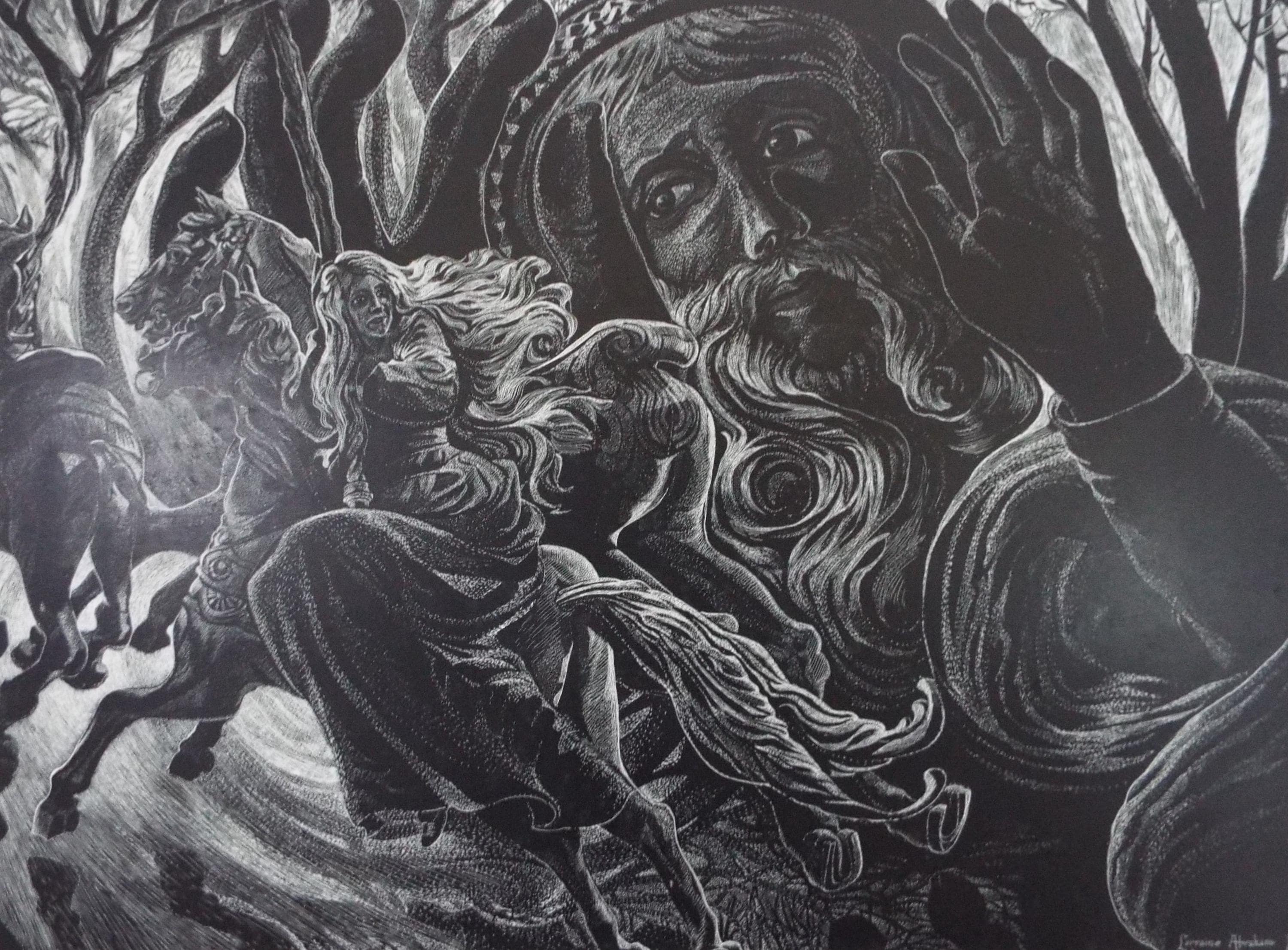 Original Scraperboard & ink, 'Dream Scene', Lorraine Abraham, (1941-2023), 1978