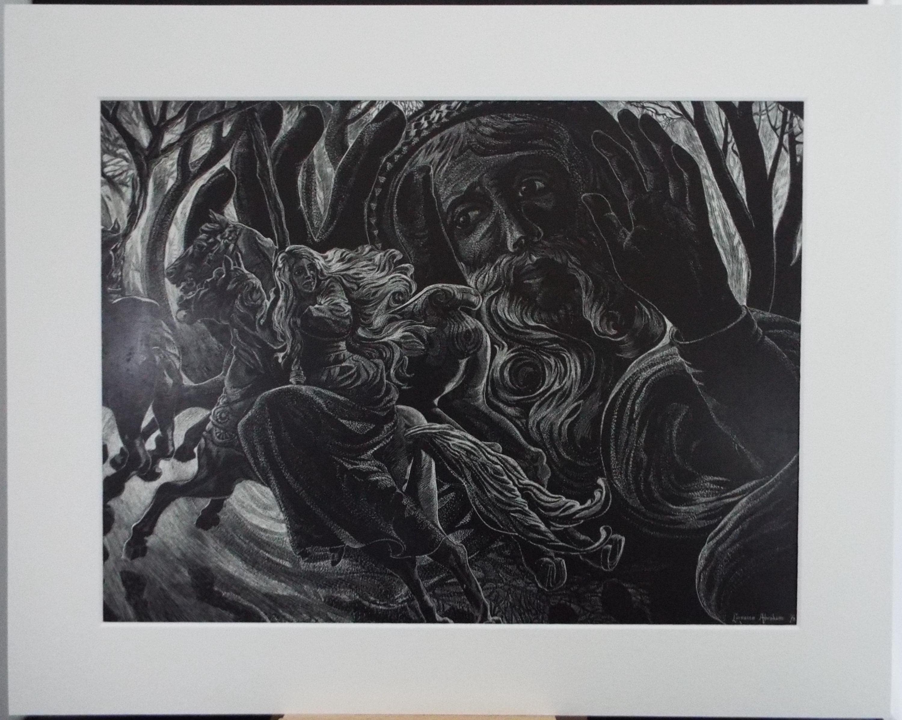 Original Scraperboard & ink, 'Dream Scene', Lorraine Abraham, (1941-2023), 1978