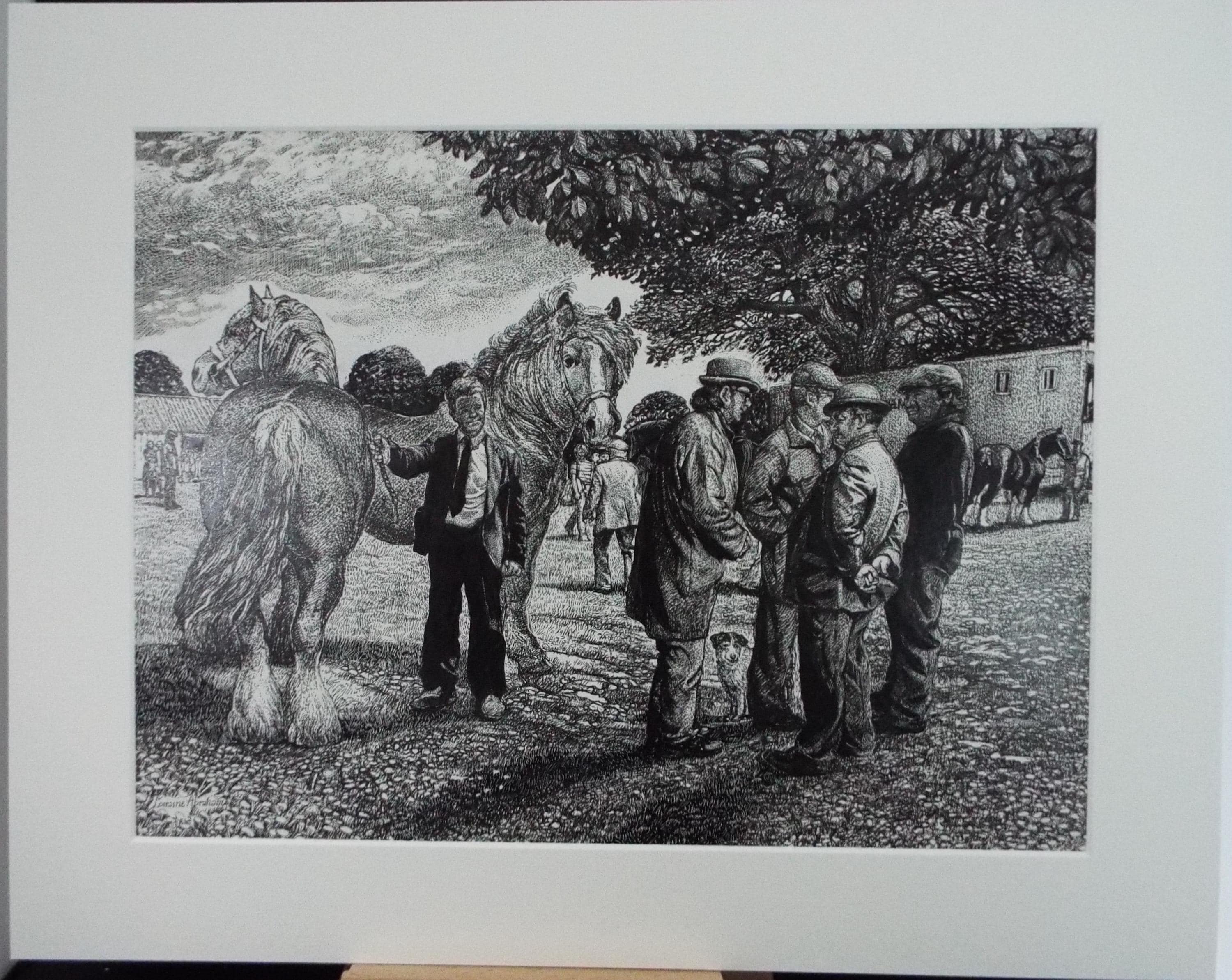 Original Scraperboard & ink, 'At the Meet', Lorraine Abraham, (1941-2023)