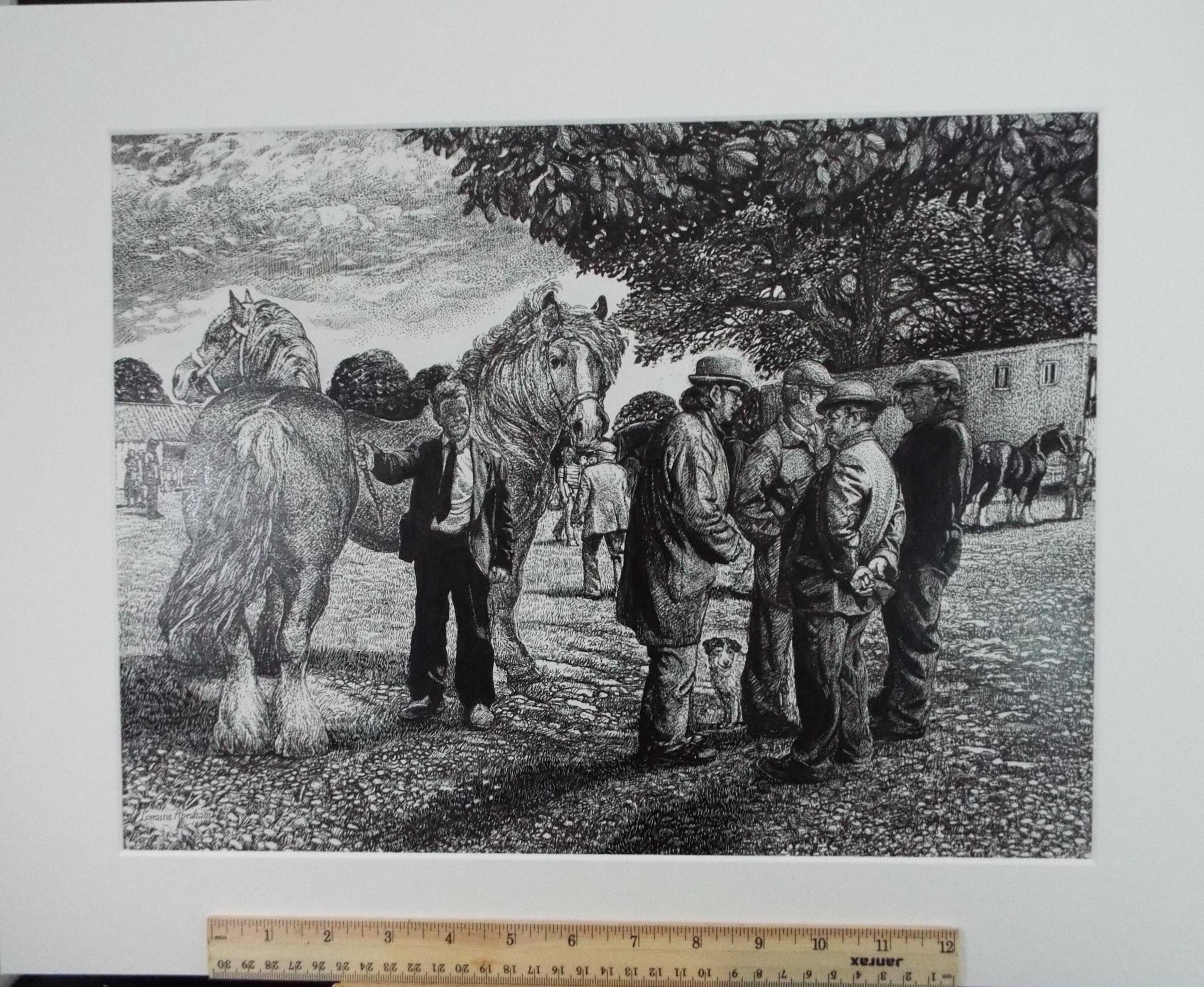 Original Scraperboard & ink, 'At the Meet', Lorraine Abraham, (1941-2023)