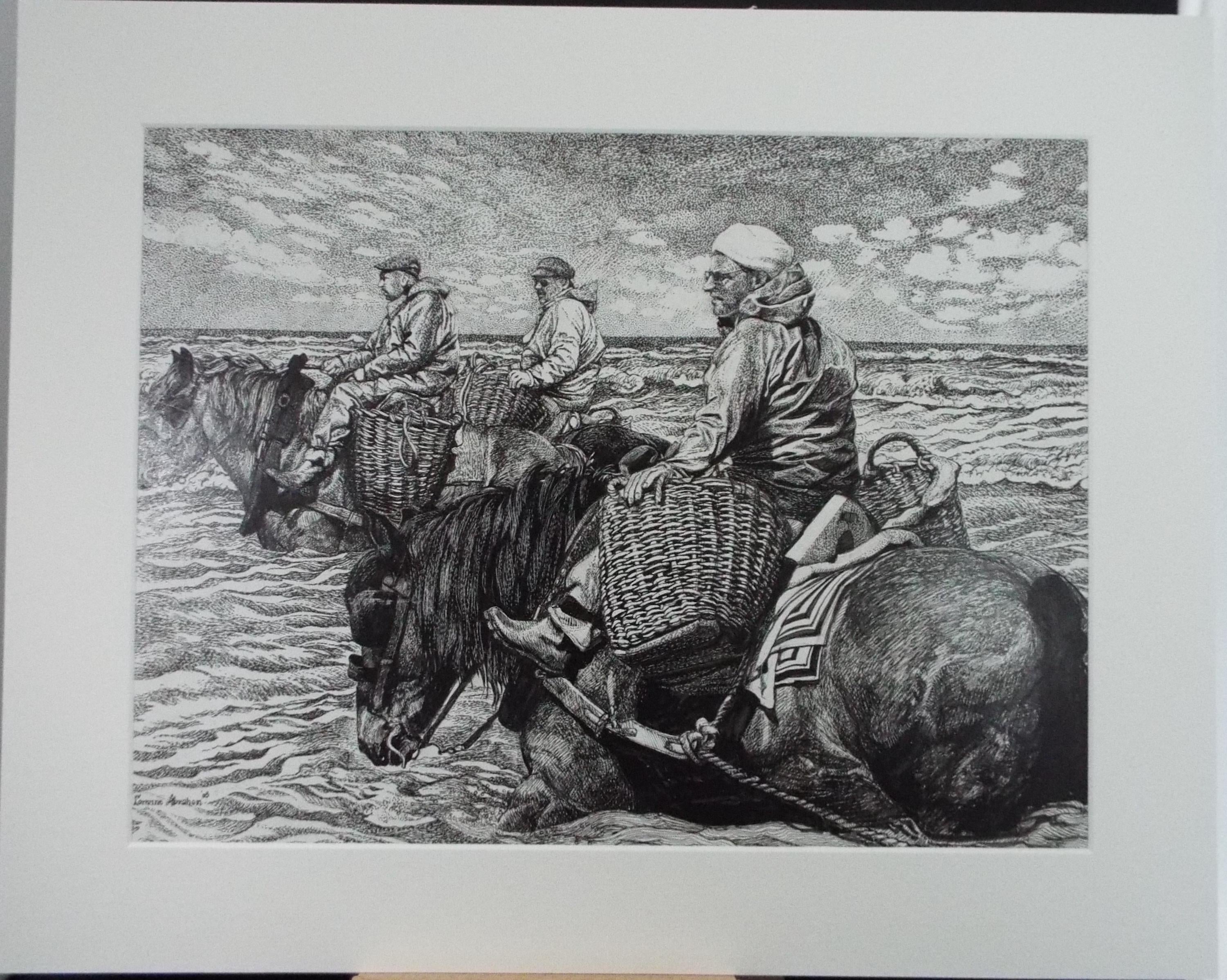 Original Scraperboard & Ink drawing, 'Cockle Pickers', Lorraine Abraham RSMA (1941-2023), Circa 1990's