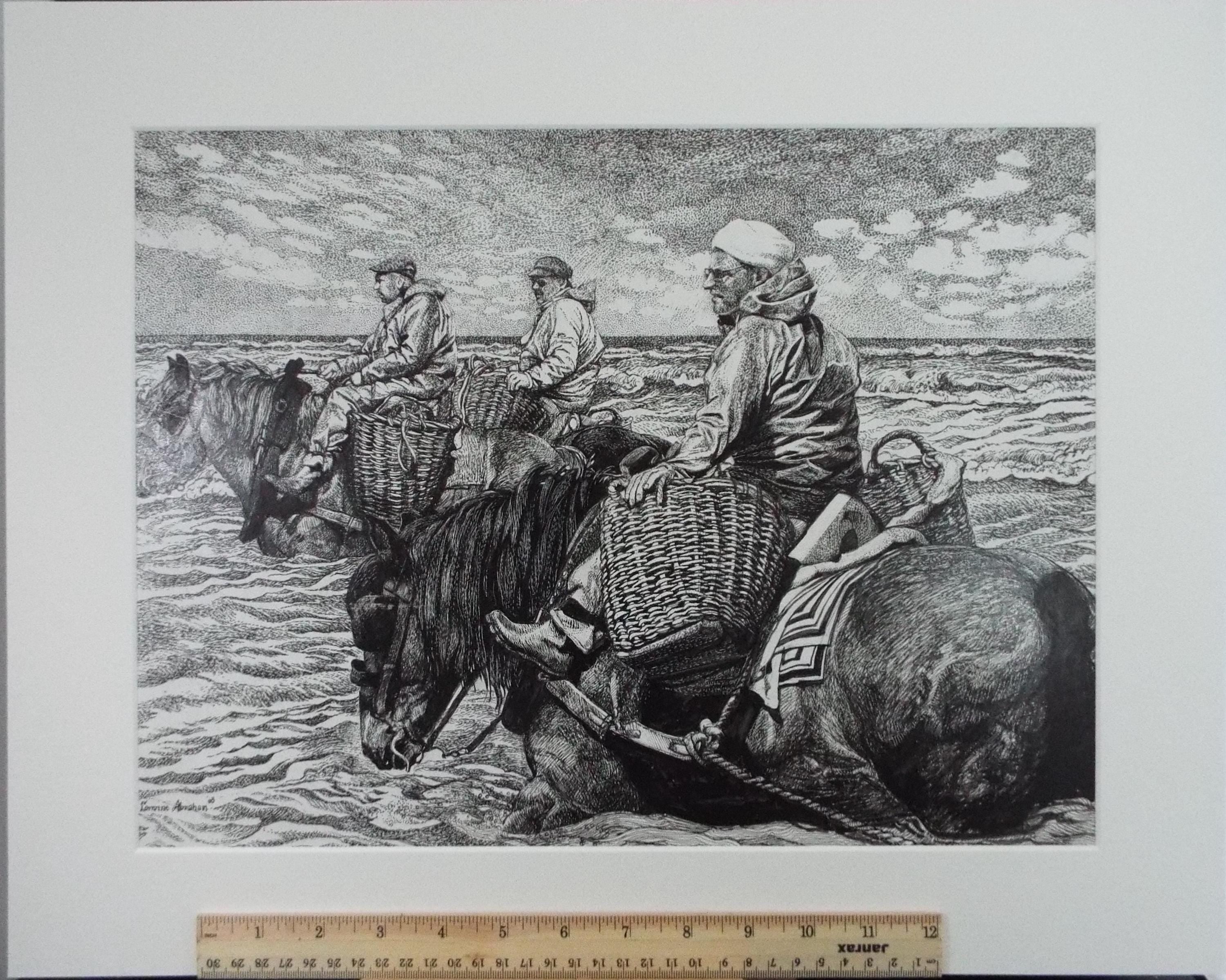 Original Scraperboard & Ink drawing, 'Cockle Pickers', Lorraine Abraham RSMA (1941-2023), Circa 1990's