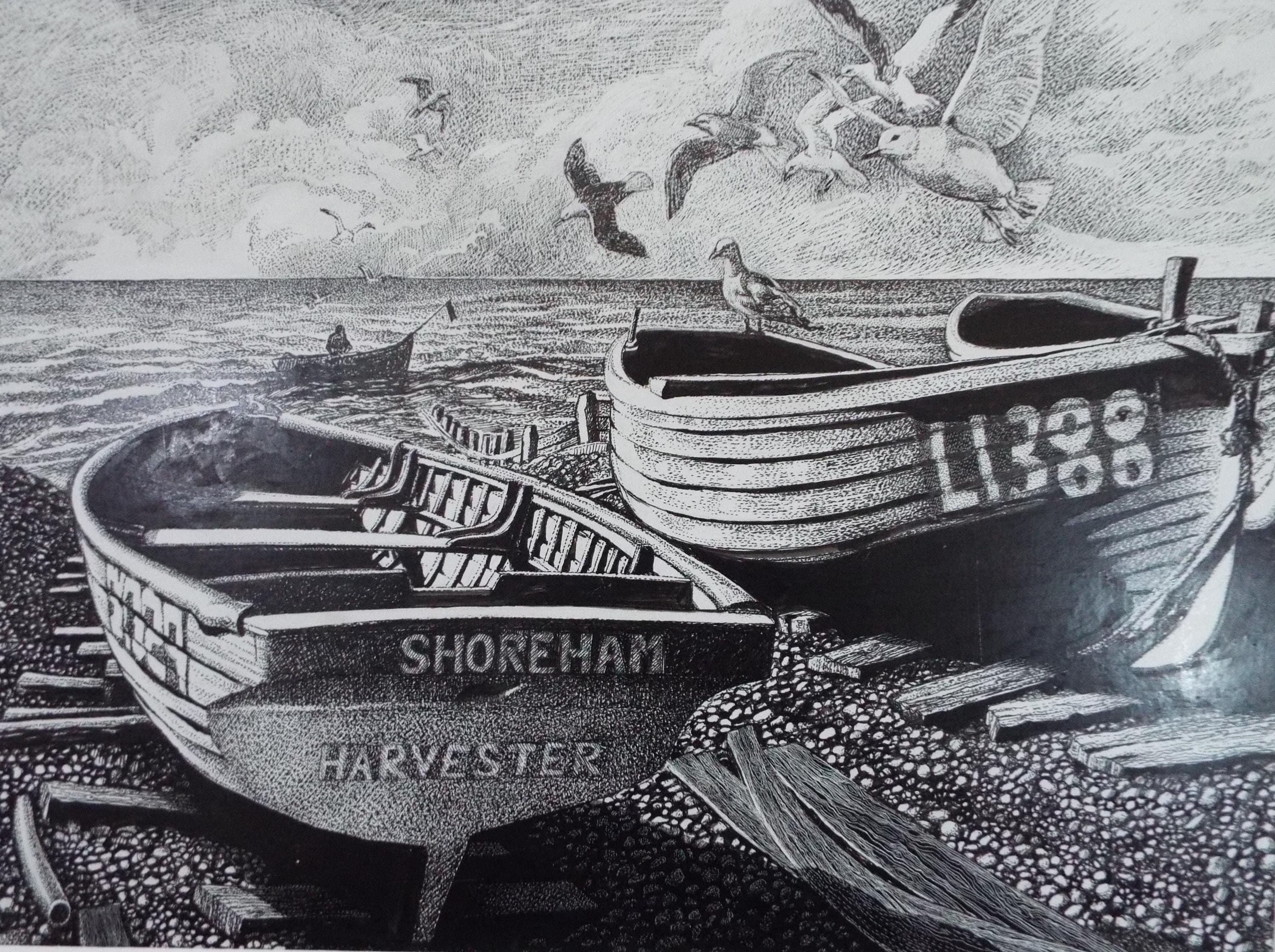 Original Scraperboard & ink drawing, 'Shoreham', Lorraine Abraham (1941-2023)