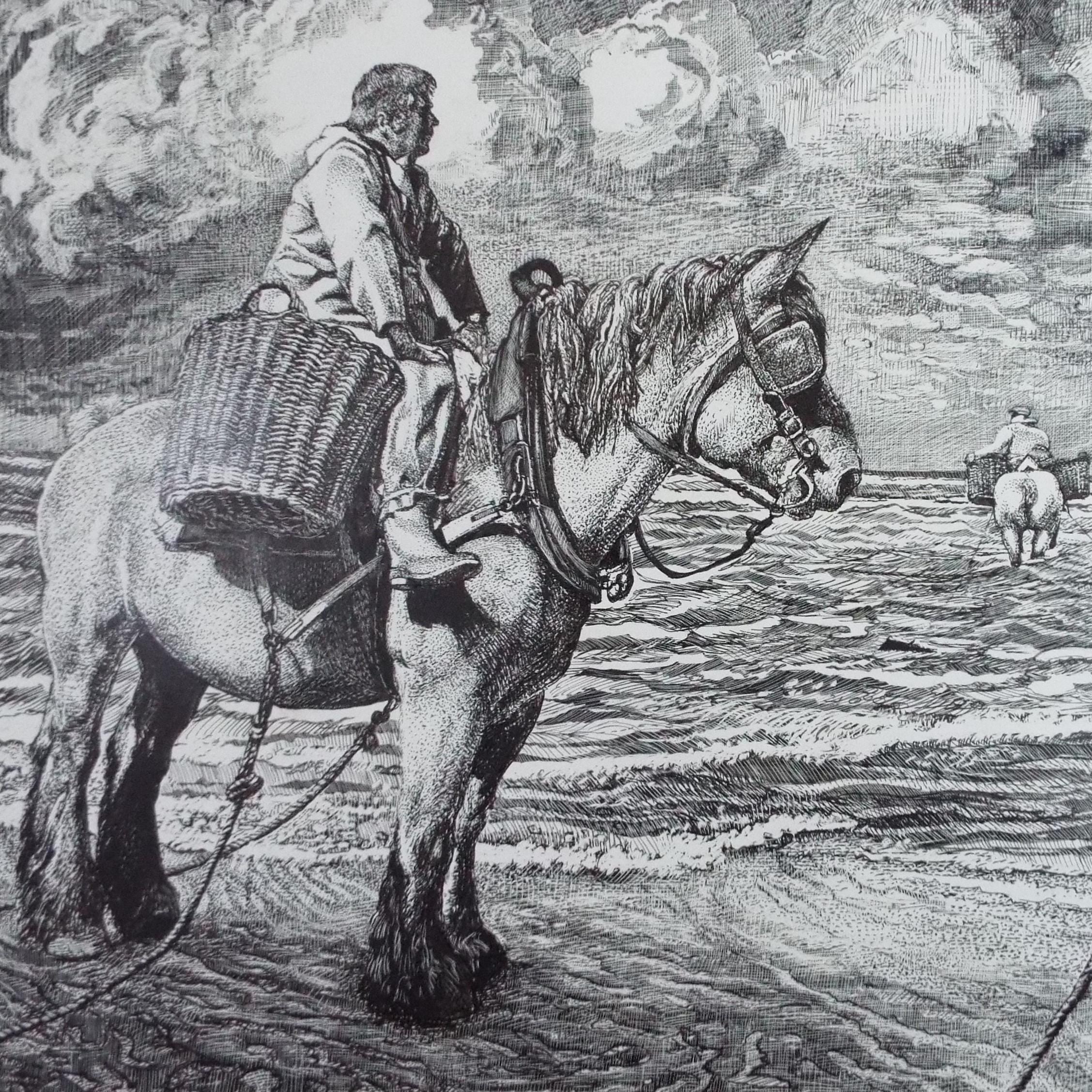 Original Scraperboard & Ink drawing, 'Cockle Pickers', Lorraine Abraham RSMA (1941-2023), Circa 1990's