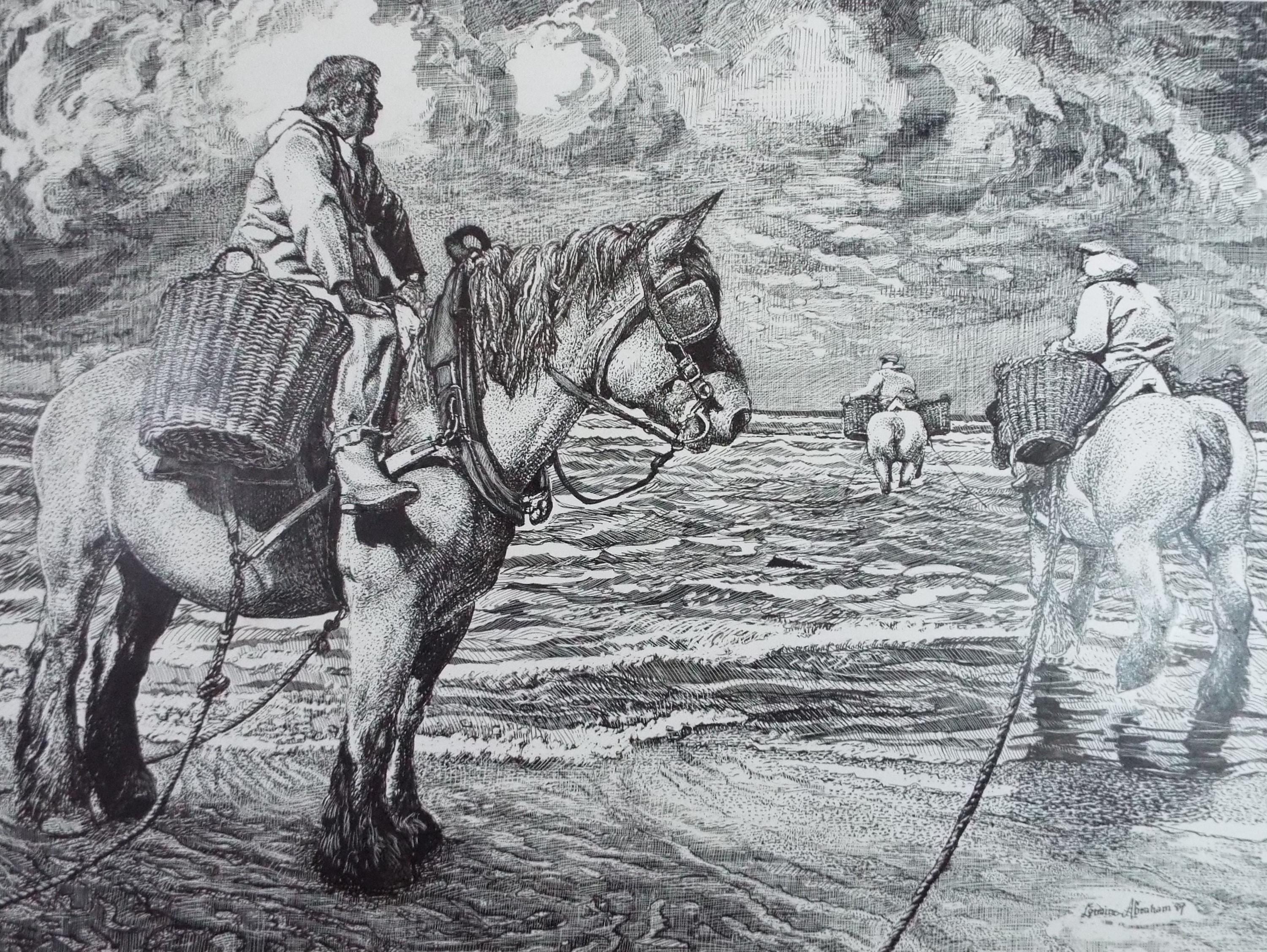 Original Scraperboard & Ink drawing, 'Cockle Pickers', Lorraine Abraham RSMA (1941-2023), Circa 1990's