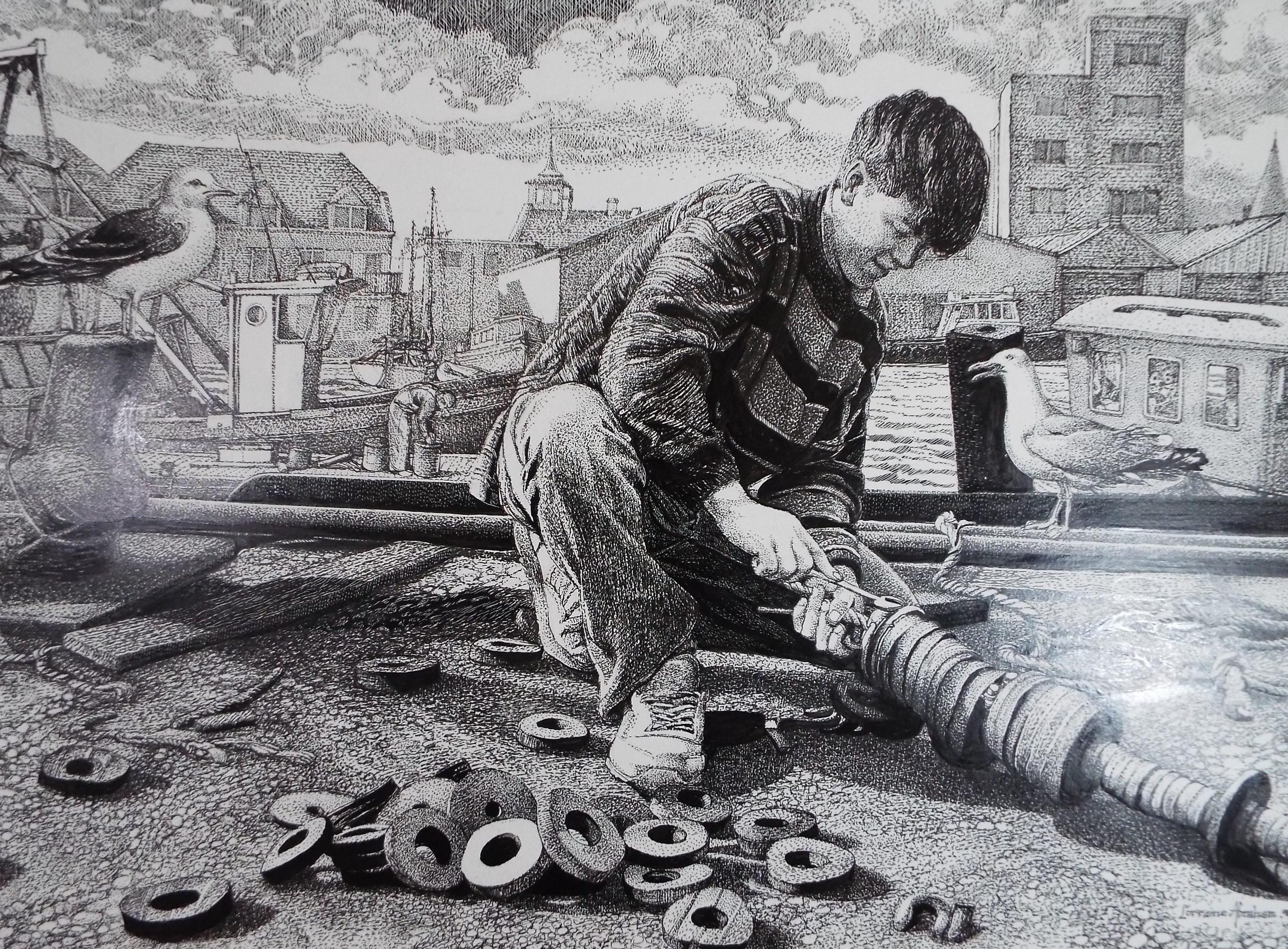 Original Scraperboard & ink, 'Fixing the Gear', Lorraine Abraham (1941-2023)