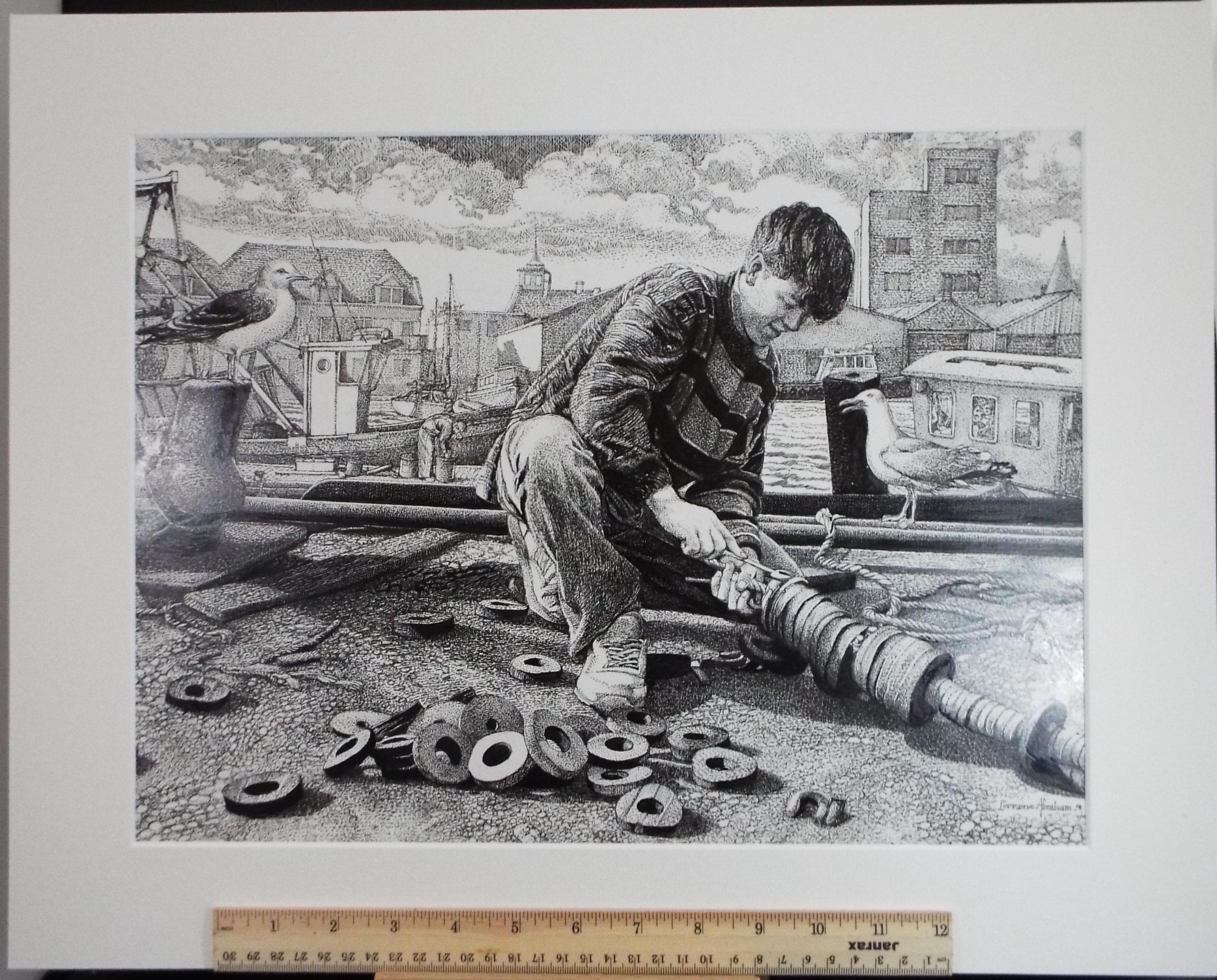 Original Scraperboard & ink, 'Fixing the Gear', Lorraine Abraham (1941-2023)