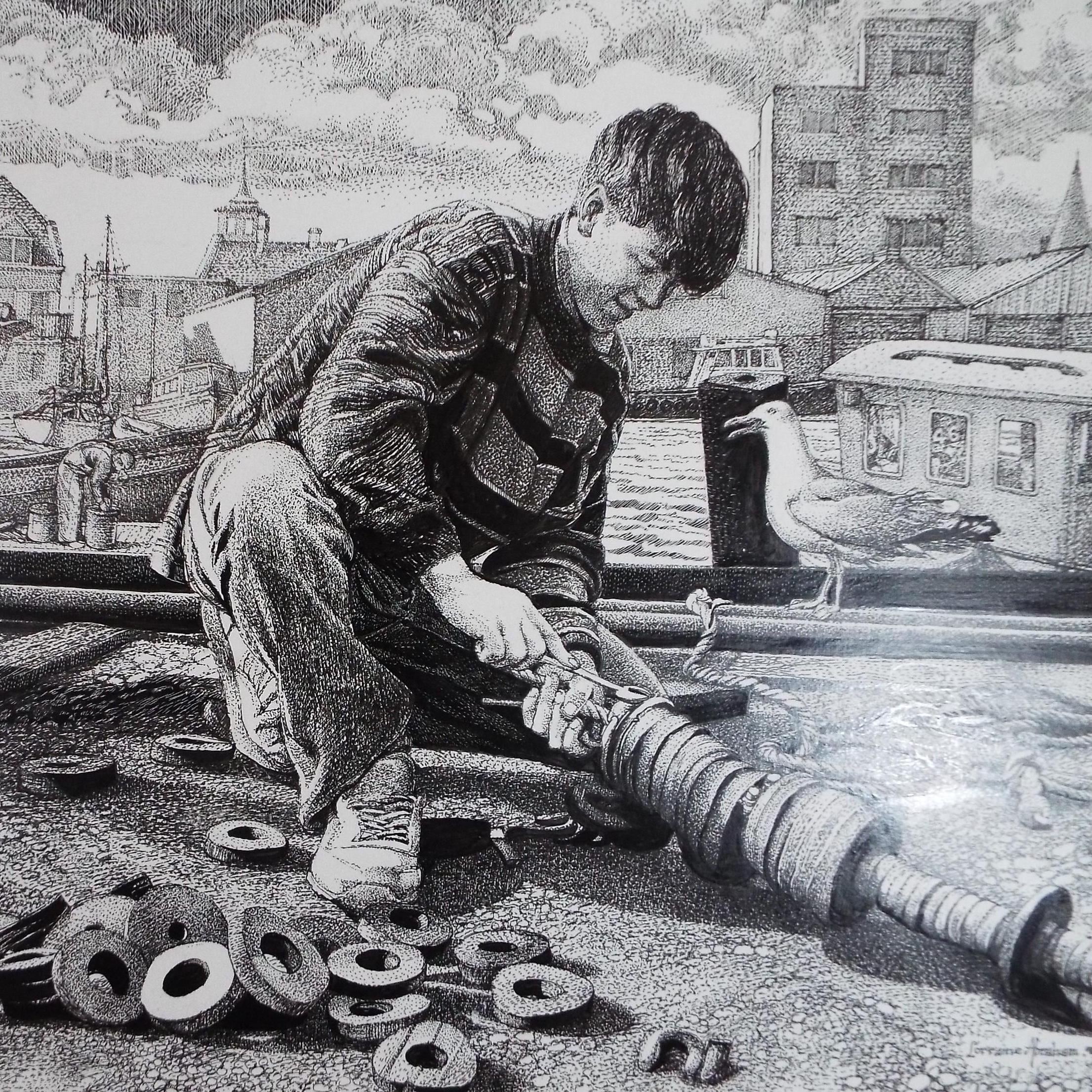 Original Scraperboard & ink, 'Fixing the Gear', Lorraine Abraham (1941-2023)