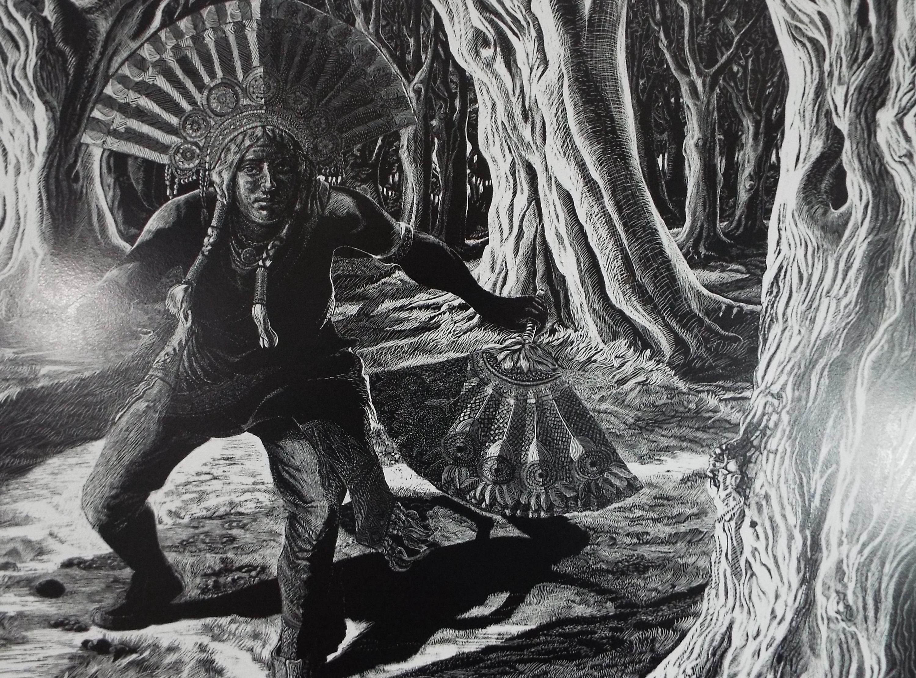 Original Scraperboard , 'Indigenous Tribesman', Lorraine Abraham, (1941-2023)