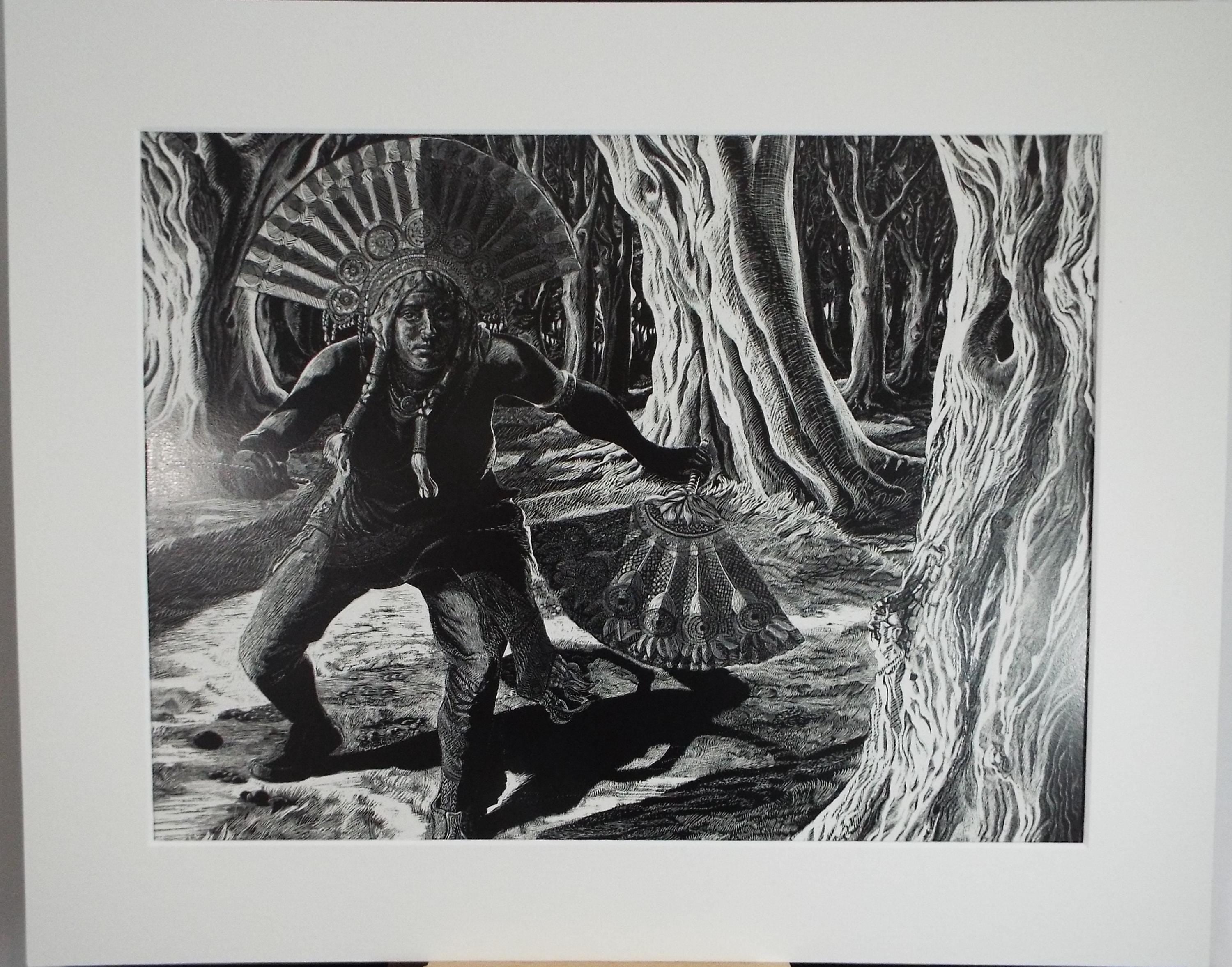 Original Scraperboard , 'Indigenous Tribesman', Lorraine Abraham, (1941-2023)