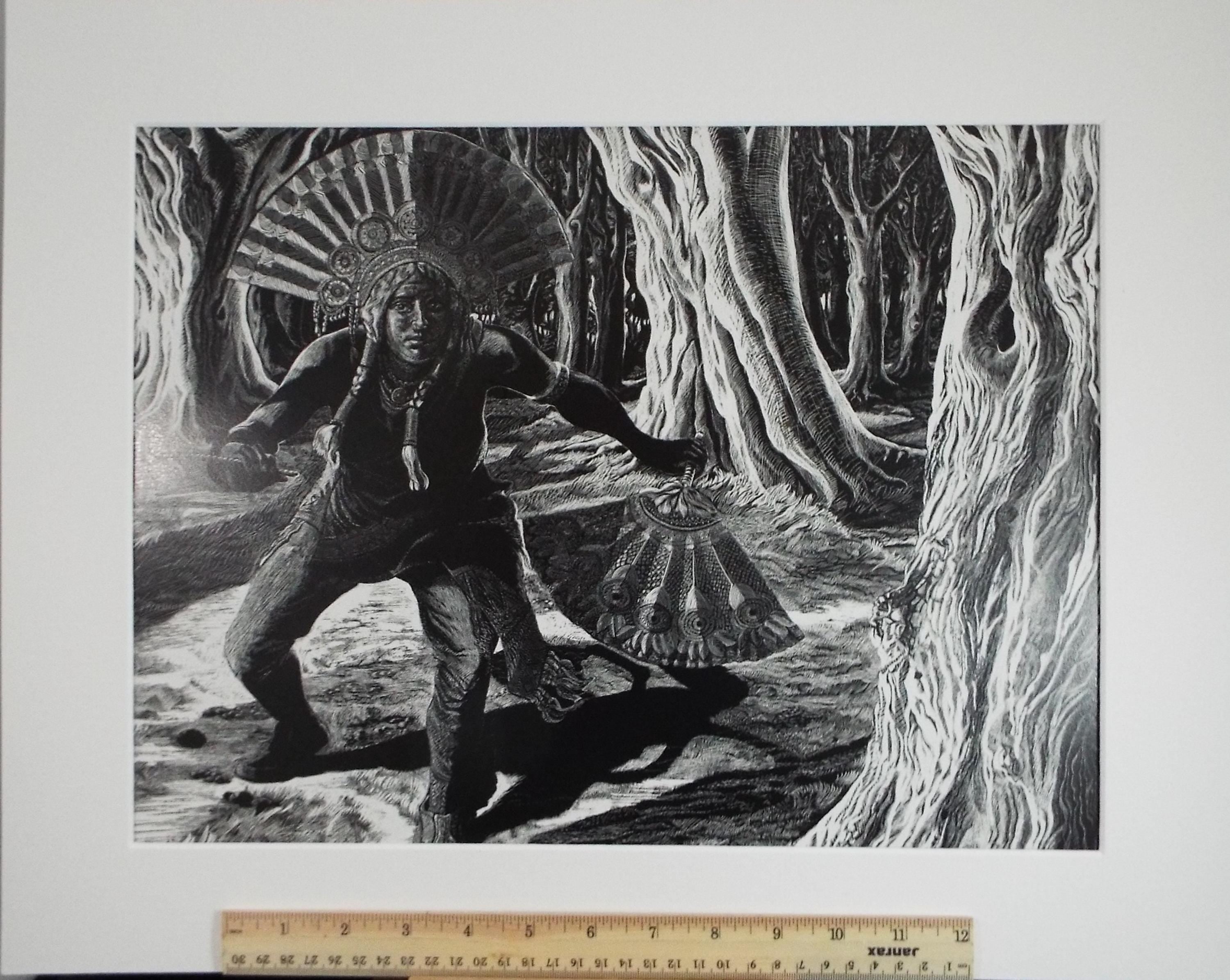 Original Scraperboard , 'Indigenous Tribesman', Lorraine Abraham, (1941-2023)