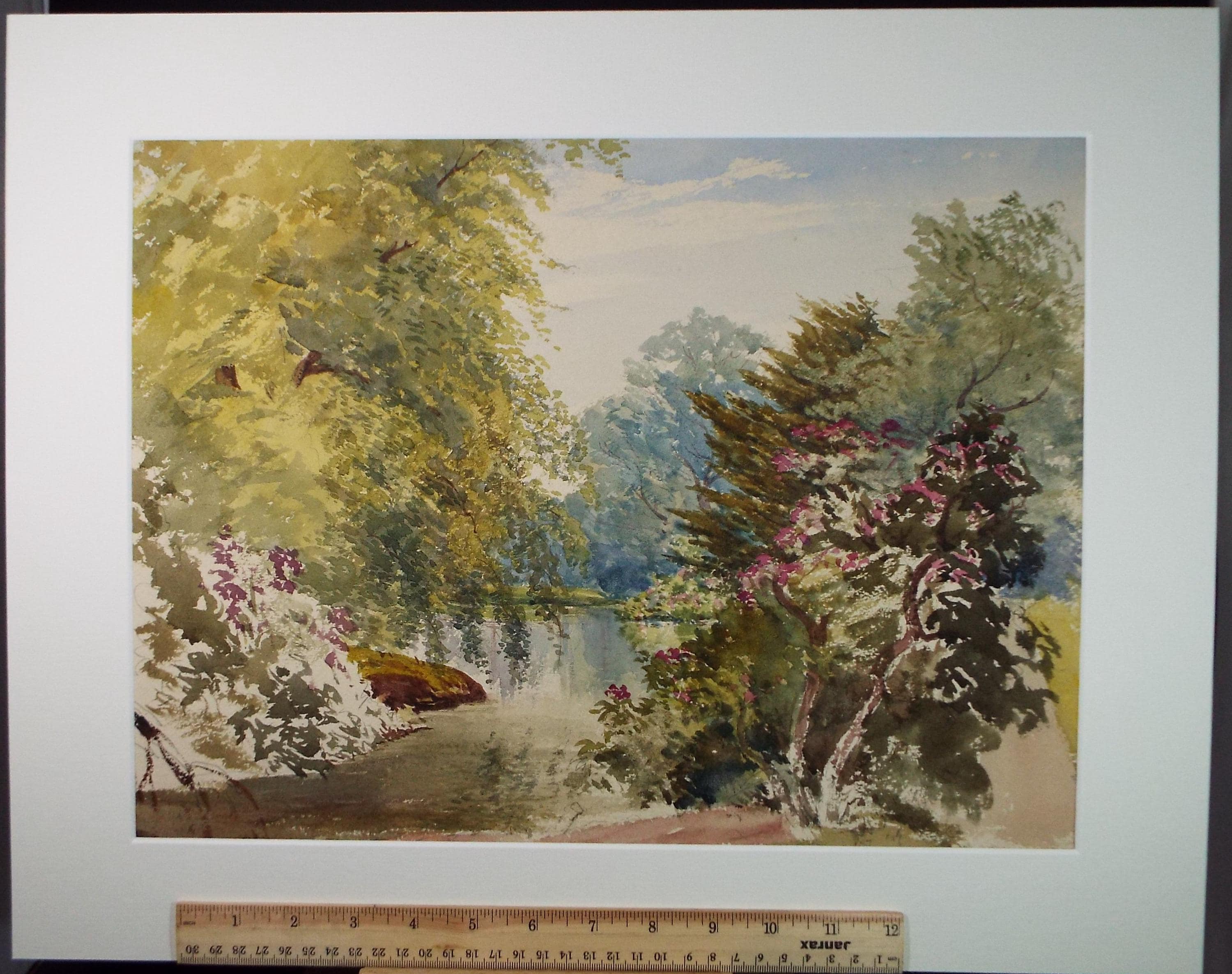 Original Watercolour on Paper, 'Lake with Trees', Circa 1920's , Artist Unknown