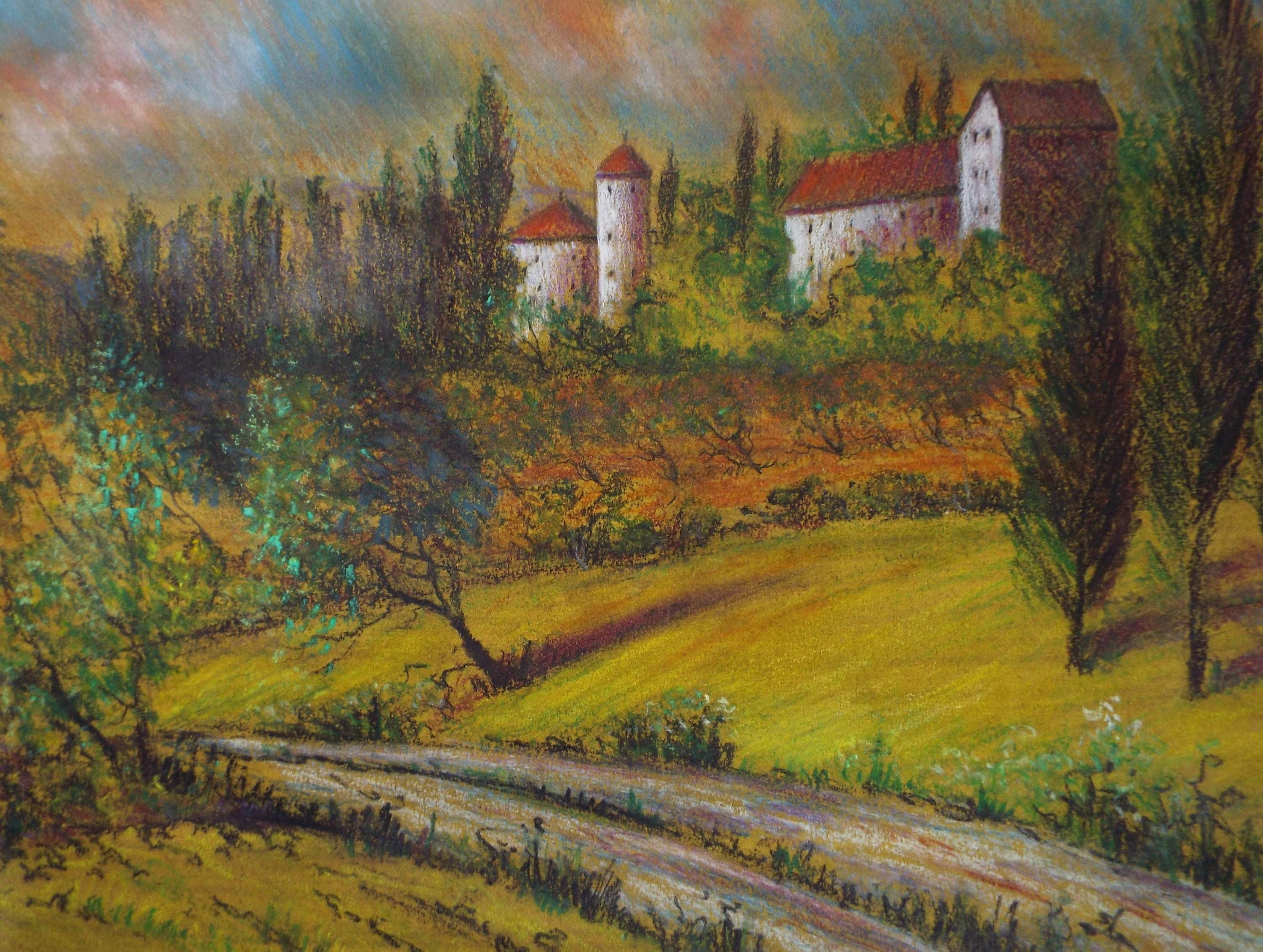 Original Pastel drawing, 'Provence', Unknown Artist, dated 1992