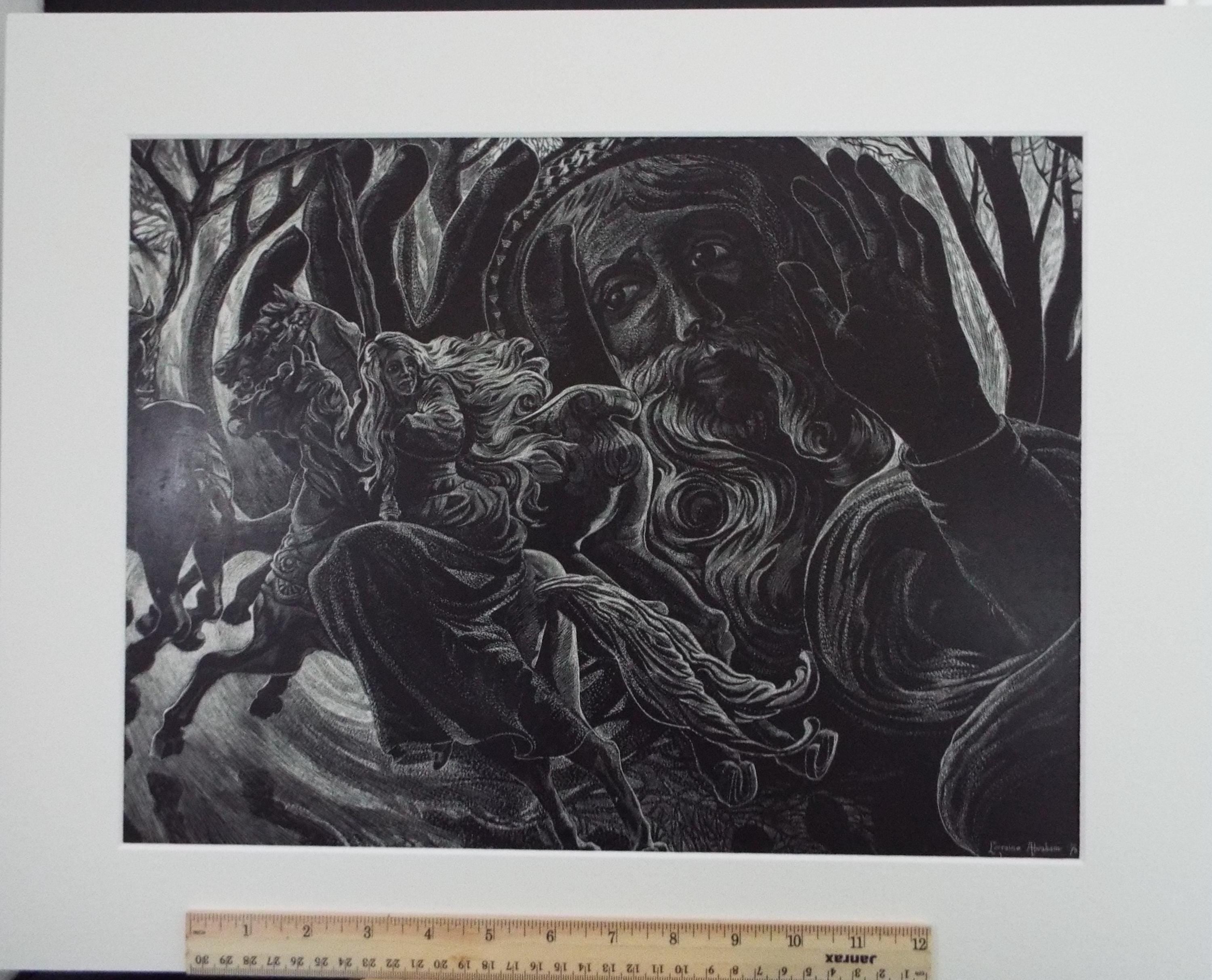 Original Scraperboard & ink, 'Dream Scene', Lorraine Abraham, (1941-2023), 1978