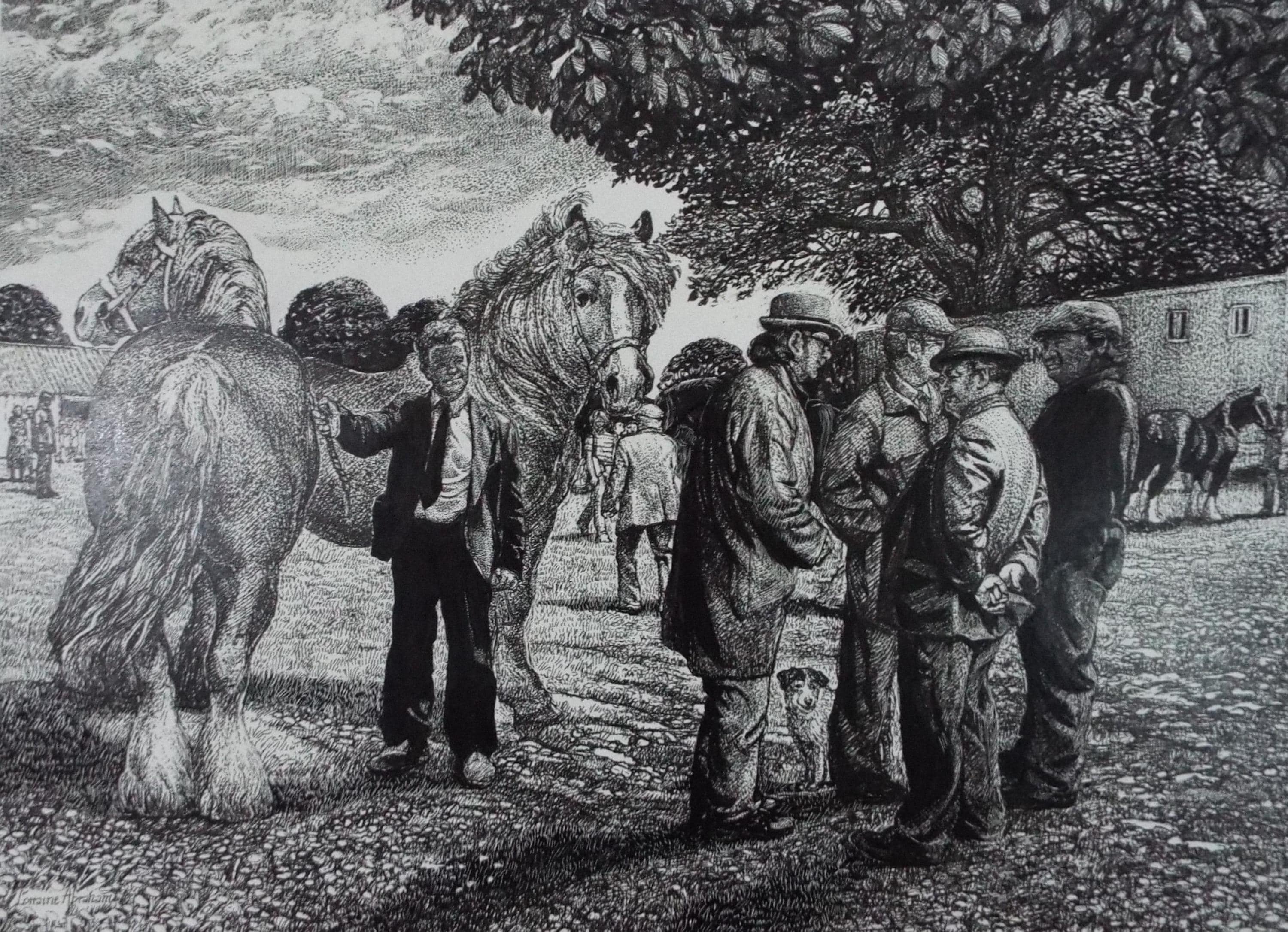 Original Scraperboard & ink, 'At the Meet', Lorraine Abraham, (1941-2023)