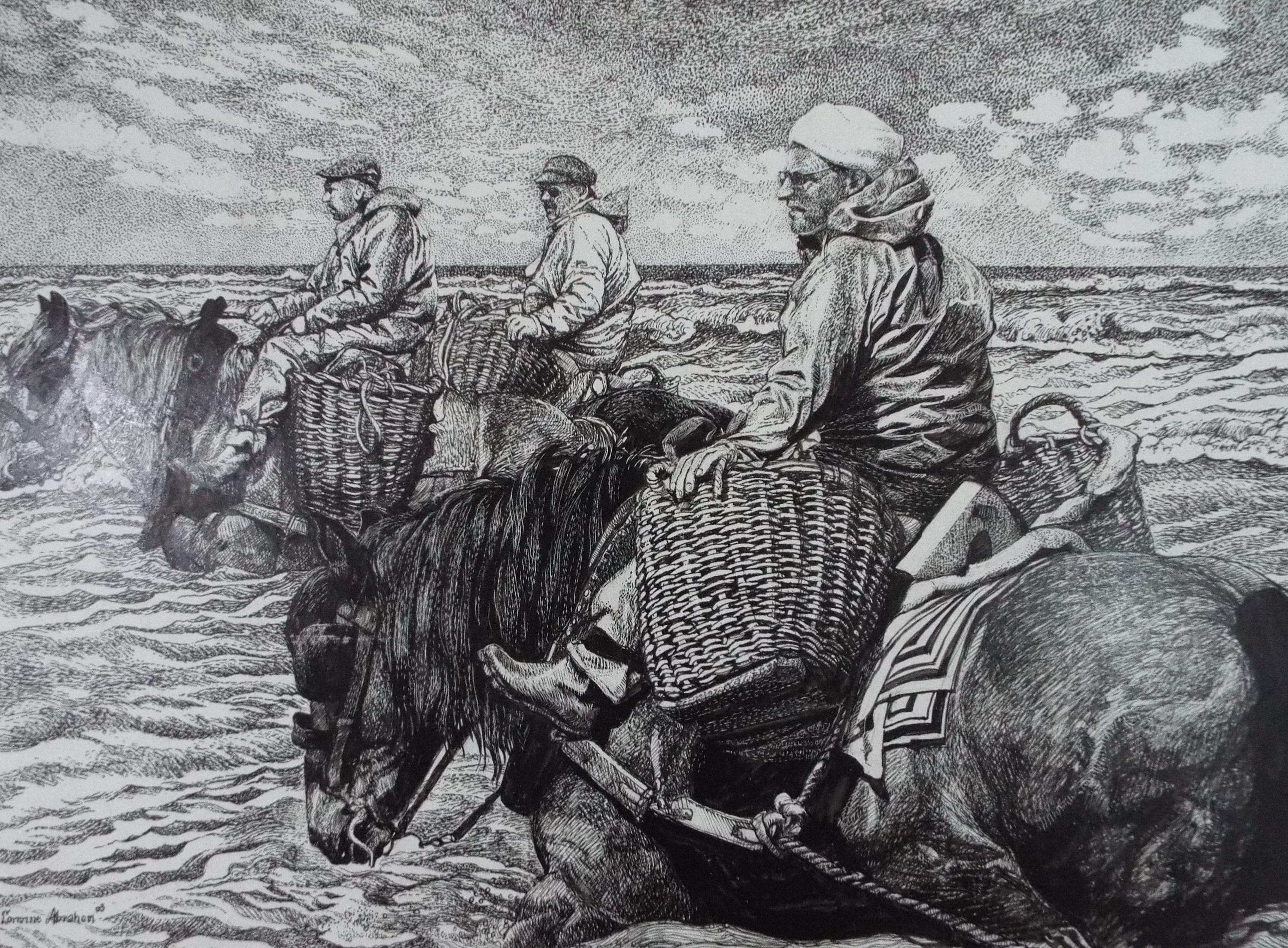 Original Scraperboard & Ink drawing, 'Cockle Pickers', Lorraine Abraham RSMA (1941-2023), Circa 1990's