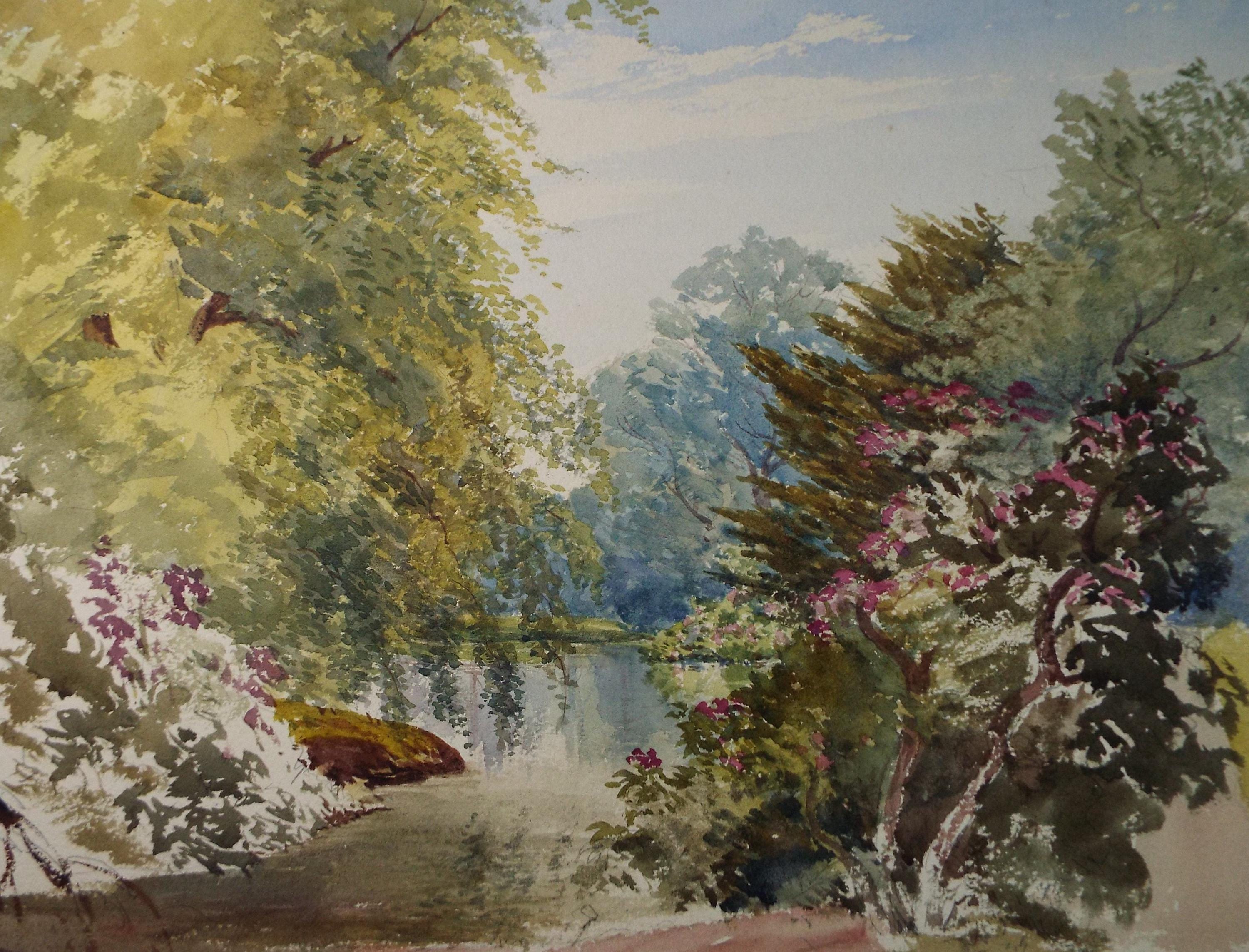 Original Watercolour on Paper, 'Lake with Trees', Circa 1920's , Artist Unknown