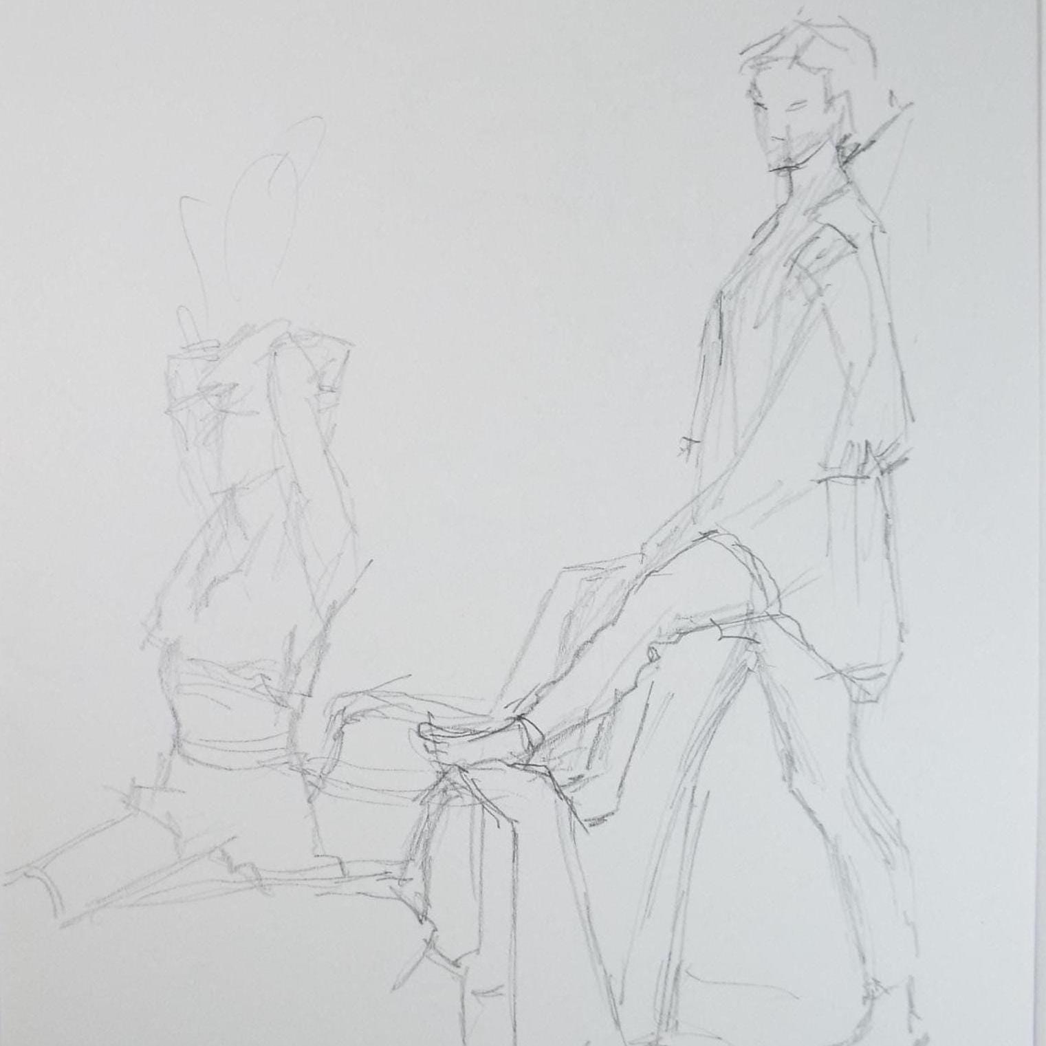 Original Pencil Drawing, 'Two Figures', Pauline Plummer (b1933), Circa 1990's