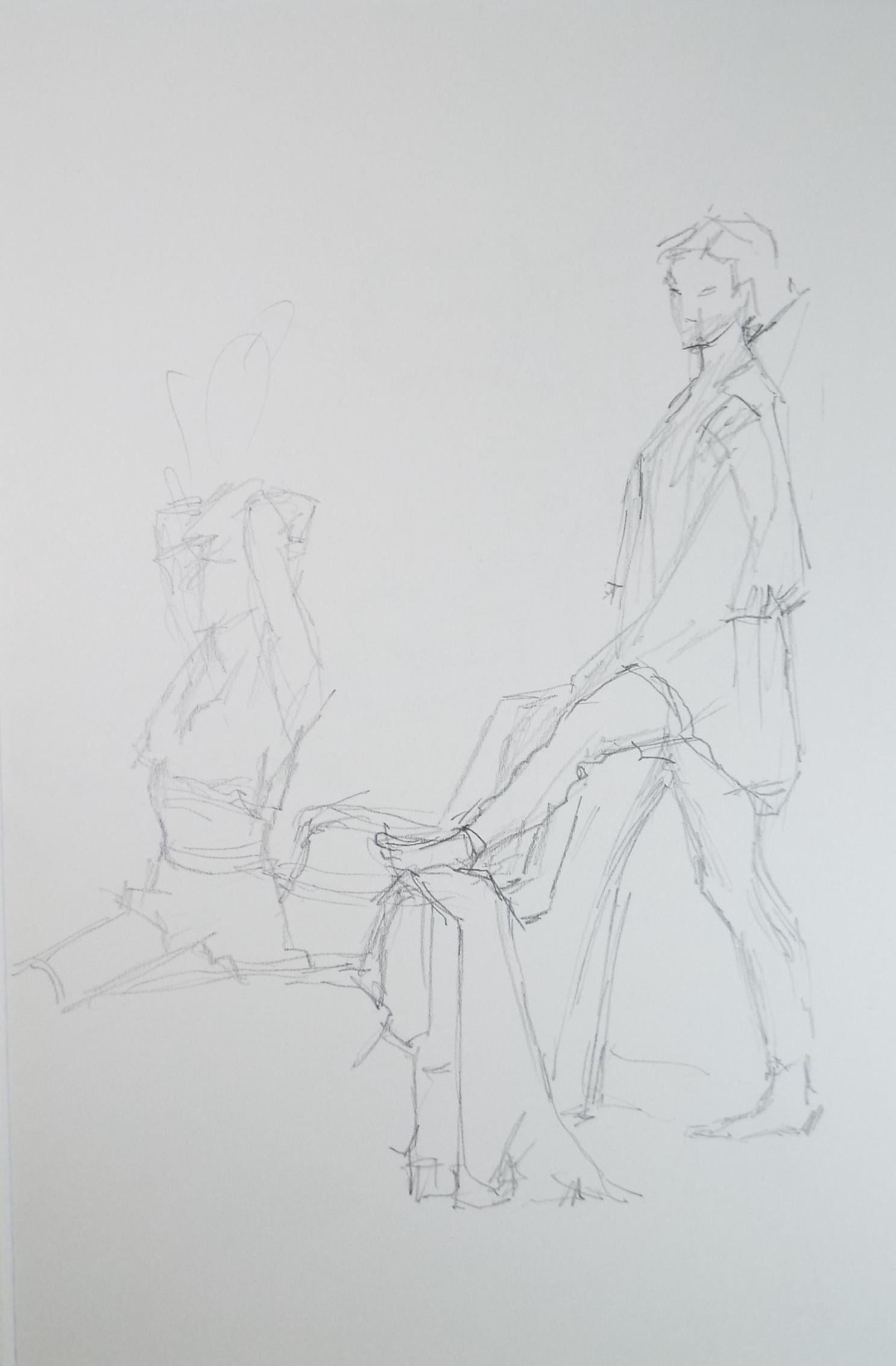 Original Pencil Drawing, 'Two Figures', Pauline Plummer (b1933), Circa 1990's